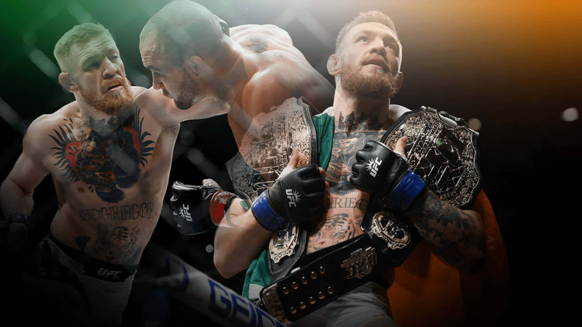 UFC 桌布 壁紙 — 兩位紋身MMA拳手在明亮燈光下的戲劇性擂台上爭奪冠軍腰帶。