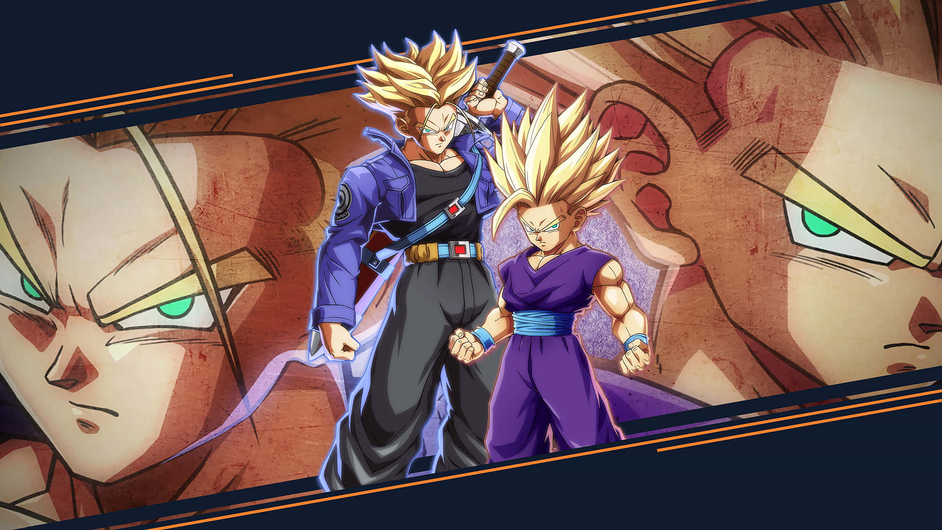 Dragon Ball Z Trunks 桌布 壁紙 — 兩位紫色裝備、刺蝟頭髮的動漫戰士，在強烈角色特寫背景下準備就緒。