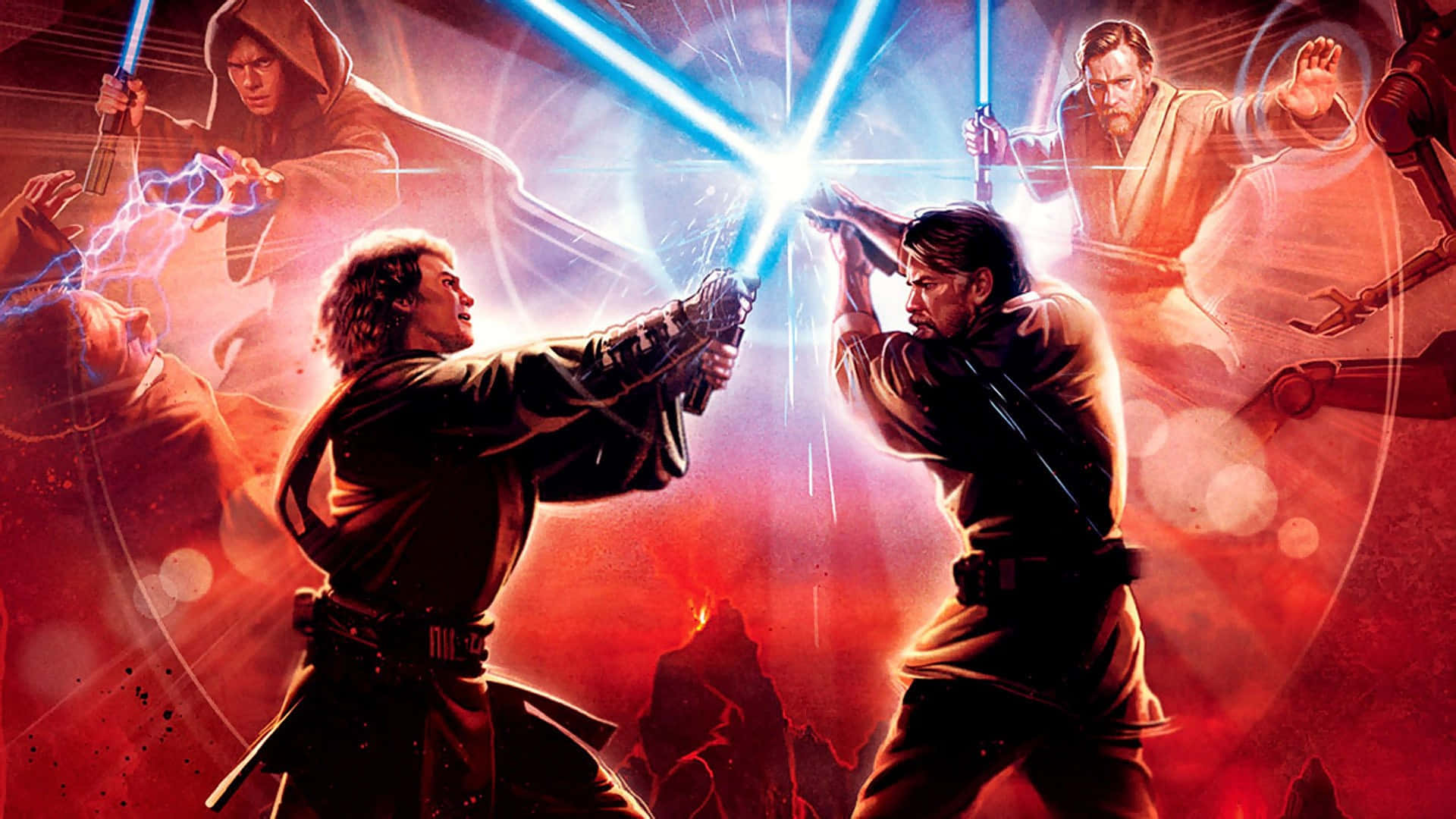 Mustafar 桌布 壁紙 — 兩位絕地武士以藍色光劍決鬥，而過往大師的鬼魂身影在熾熱的紅色戰場上觀看。