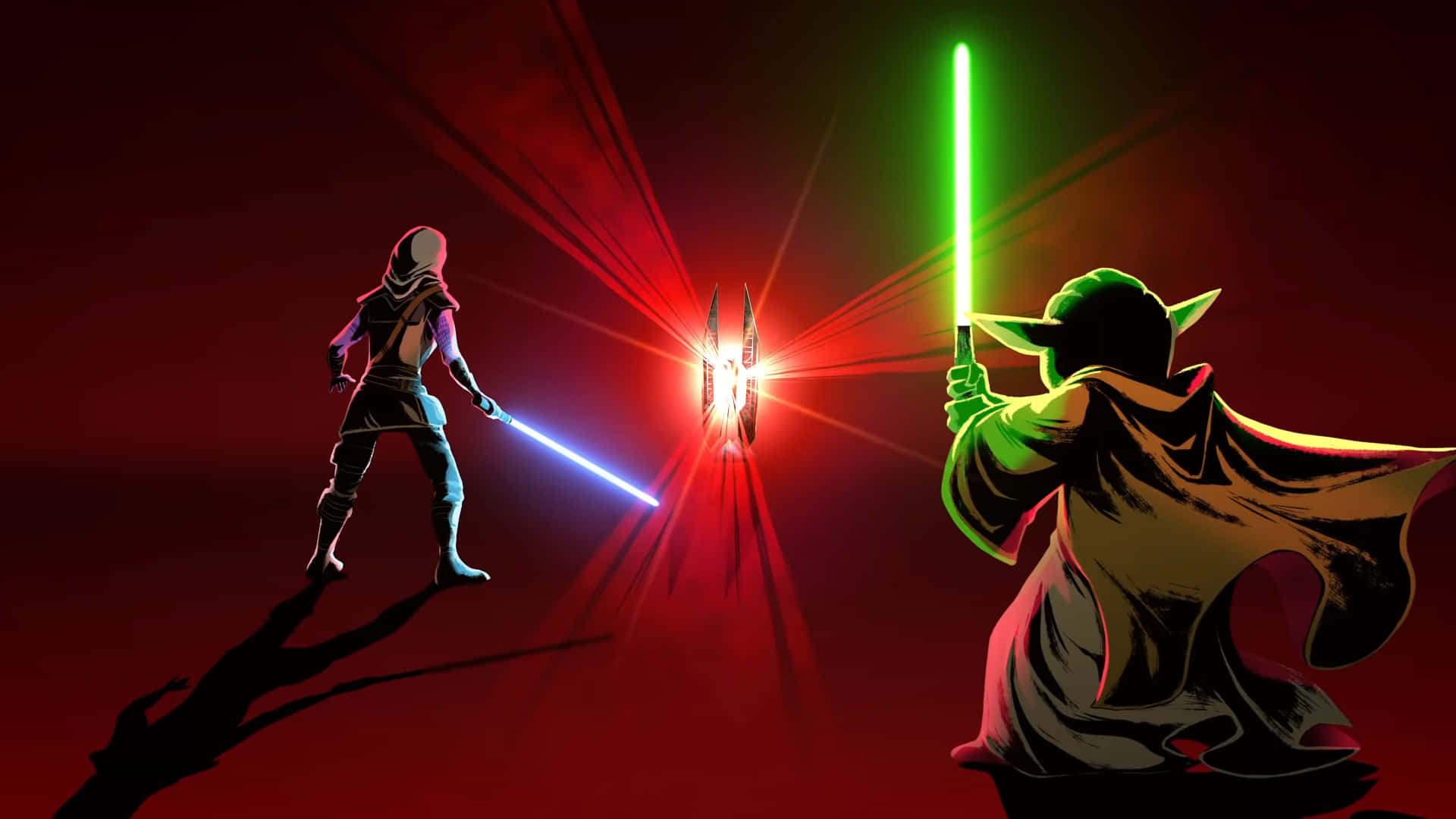 Jedi Council 桌布 壁紙 — 兩位絕地武士在深紅色背景及戲劇性光線下，以發光的藍色和綠色光劍決鬥。