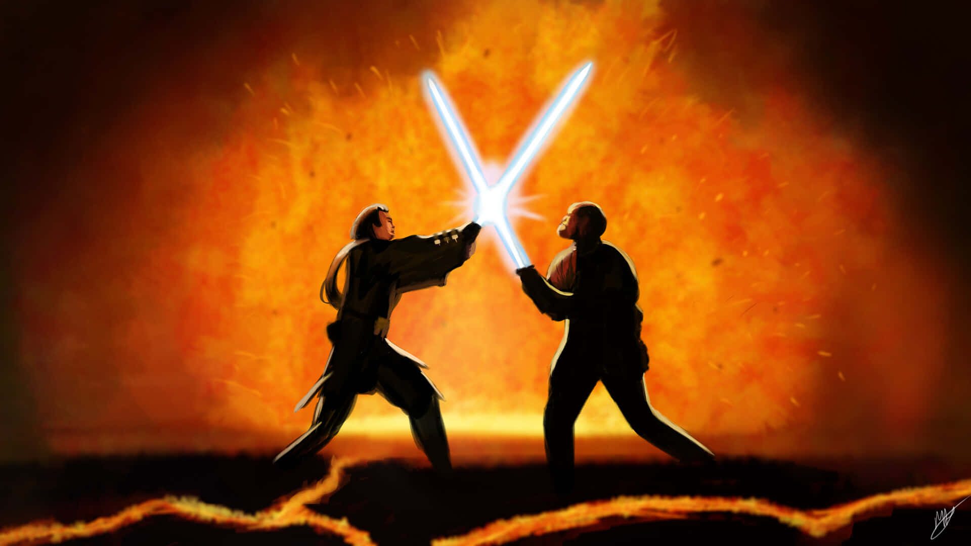 The Battle Of The Heroes 桌布 壁紙 — 兩位絕地武士在熾熱的橙色背景下，交叉藍色光劍進行決鬥，場面戲劇性十足。