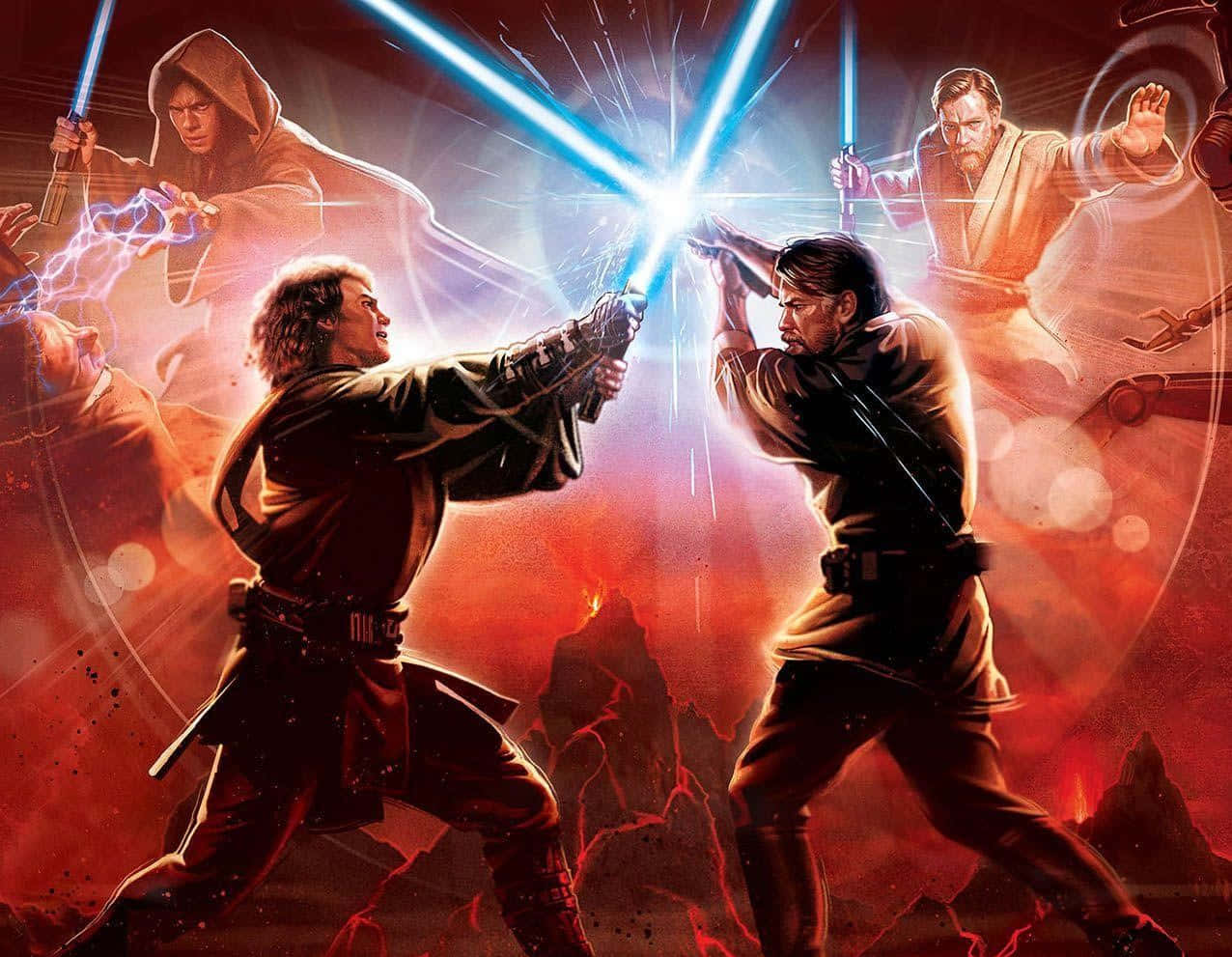 Lightsaber Duels 桌布 壁紙 — 兩位絕地武士在熾熱的火山景觀中以藍色光劍決鬥，而幽靈般的身影從上方觀看。