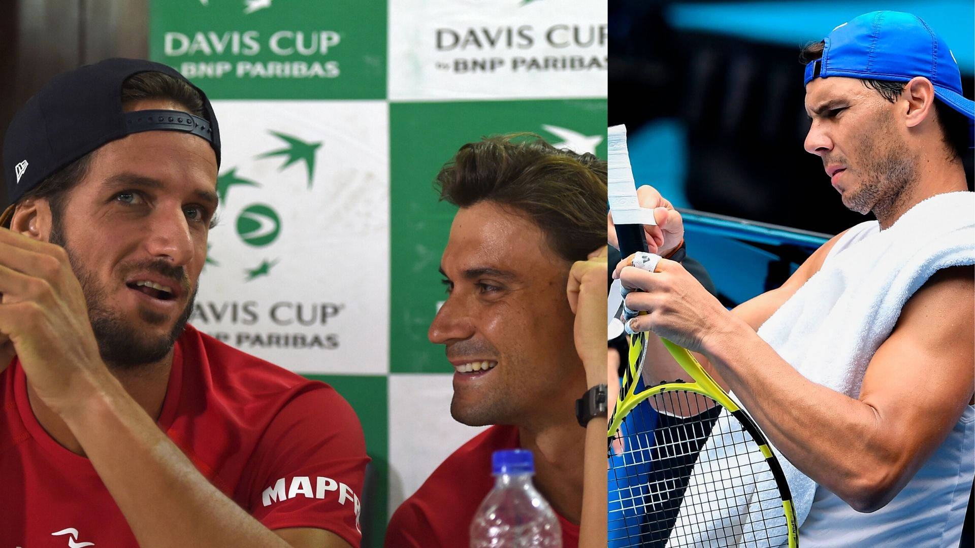 Tennis 桌布 壁紙 — 兩位網球選手在戴維斯盃記者會上微笑，而第三位運動員在球場上調整他的球拍。