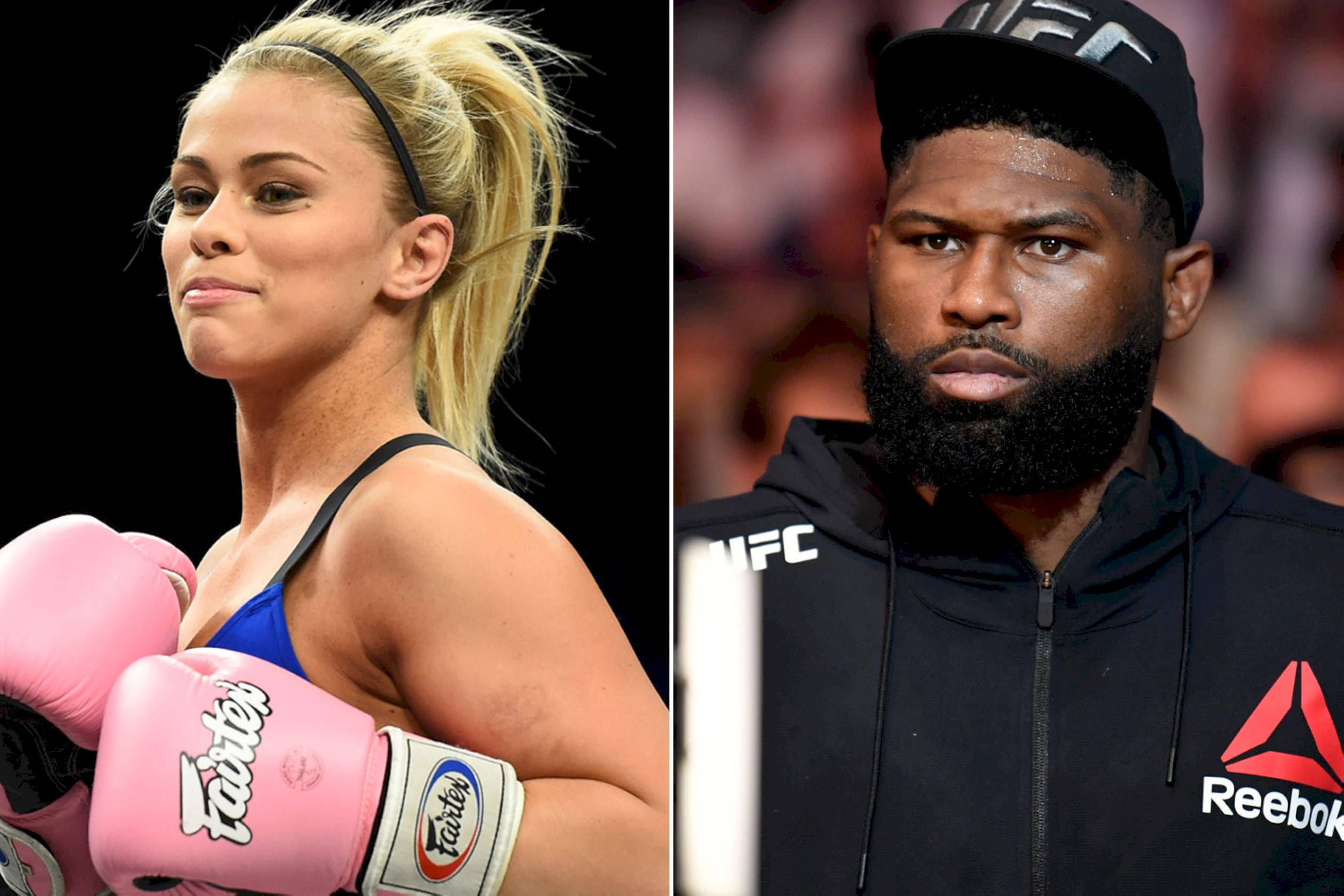 MMA 桌布 壁紙 — 兩位職業拳手並排擺姿勢，一位女士戴粉紅色手套，另一位男士穿黑色連帽衫。