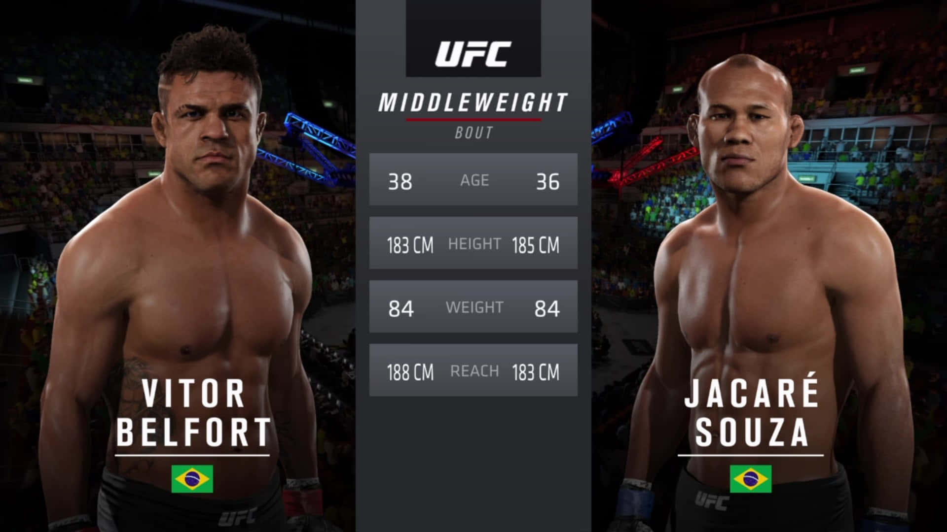 電玩遊戲 桌布 壁紙 — 兩位肌肉發達的UFC拳手Vitor Belfort和Jacaré Souza在體育館內面向前方站立，他們之間顯示了統計數據。
