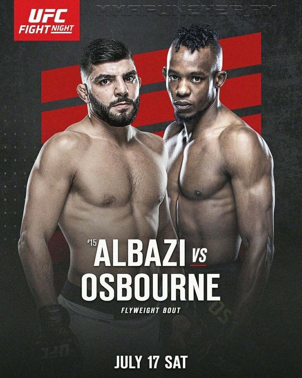 MMA 桌布 壁紙 — 兩位肌肉發達的UFC拳手在帶有紅色條紋和活動文字的深色背景前，凝視著鏡頭。
