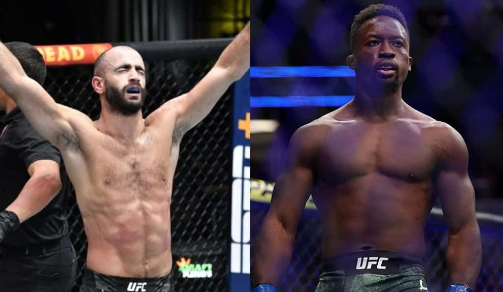 UFC 桌布 壁紙 — 兩位肌肉發達的UFC拳手在明亮的場館燈光下於八角籠內慶祝並準備就緒。