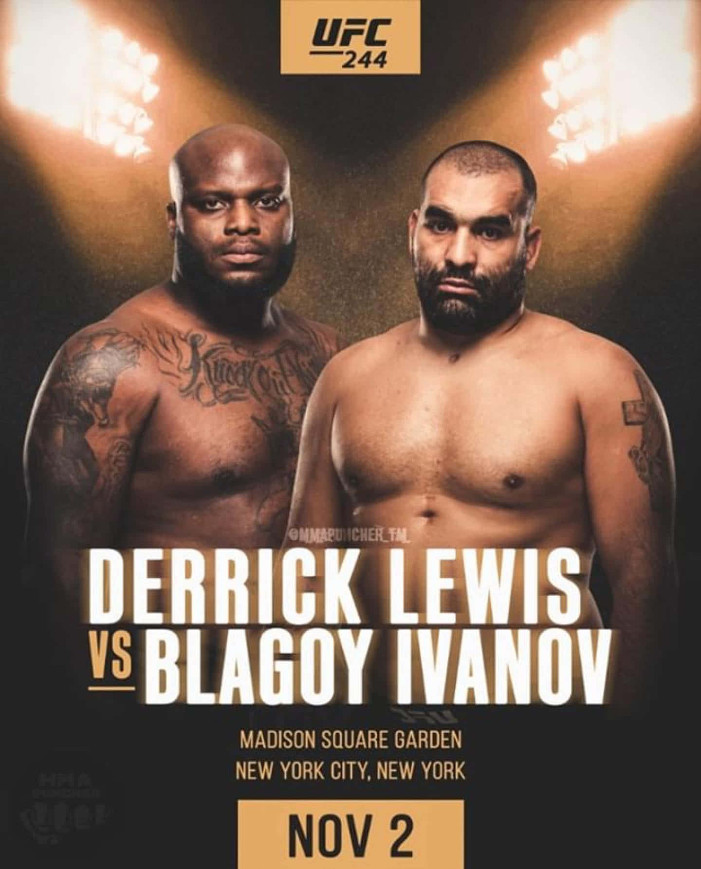 MMA 桌布 壁紙 — 兩位肌肉發達的UFC拳手在明亮的場館燈光下激烈對視，並覆蓋了活動詳情。