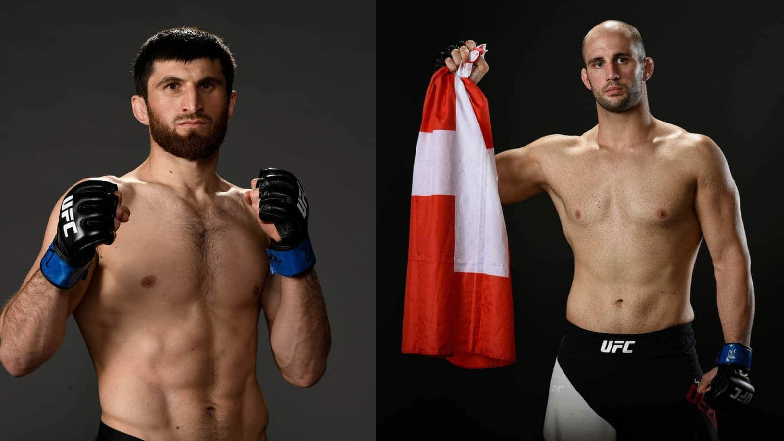 MMA 桌布 壁紙 — 兩位肌肉發達的UFC拳手在深色背景前赤裸上身擺姿勢，一位擺出戰鬥姿勢，另一位手持紅白旗幟。