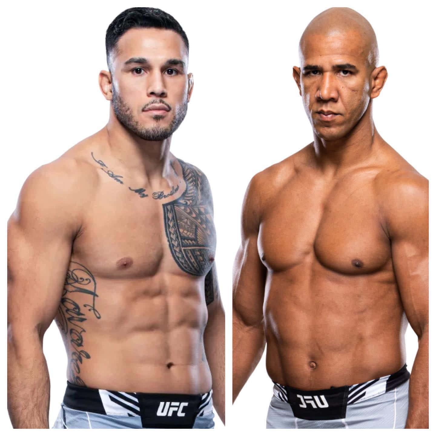 UFC 桌布 壁紙 — 兩位肌肉發達的UFC拳手在白色背景前赤裸上身擺姿勢，展示清晰的腹肌和紋身。