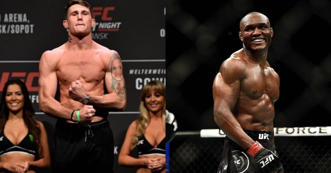 UFC 桌布 壁紙 — 兩位肌肉發達的UFC拳手在稱重和八角籠中自信擺姿勢，身後有微笑的擂台女郎。