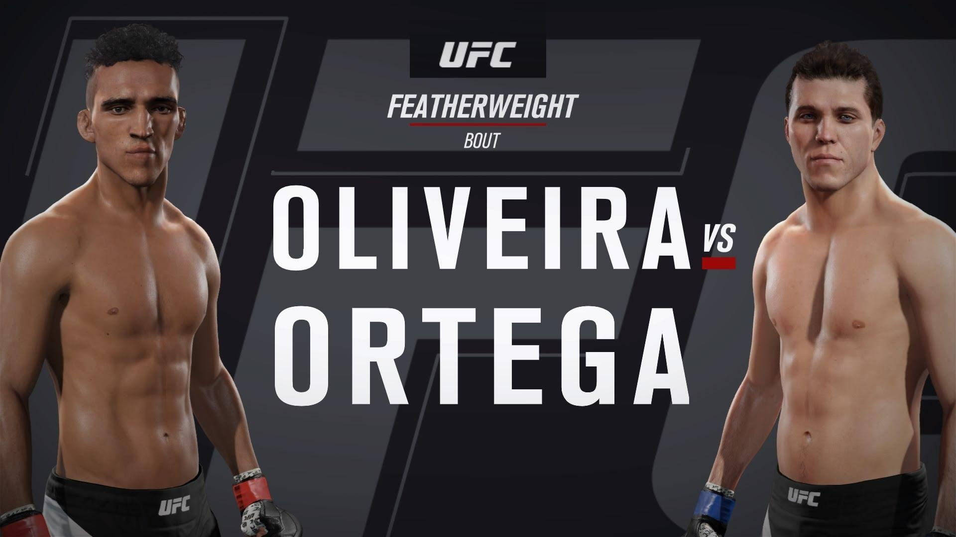 Brian Ortega 桌布 壁紙 — 兩位肌肉發達的UFC拳手奧利維拉和奧爾特加，在深色圖形背景前準備進行羽量級比賽。