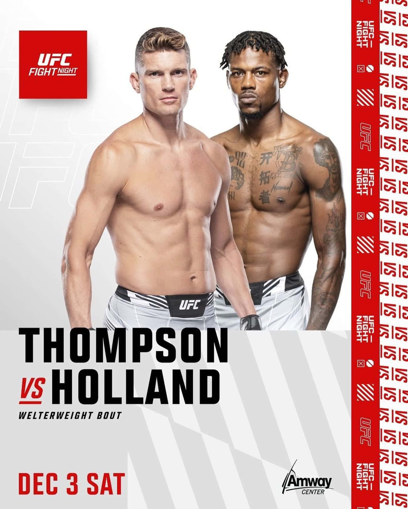 MMA 桌布 壁紙 — 兩位肌肉發達的UFC拳手湯普森和霍蘭德在他們次中量級比賽的宣傳海報中凝視著對方。