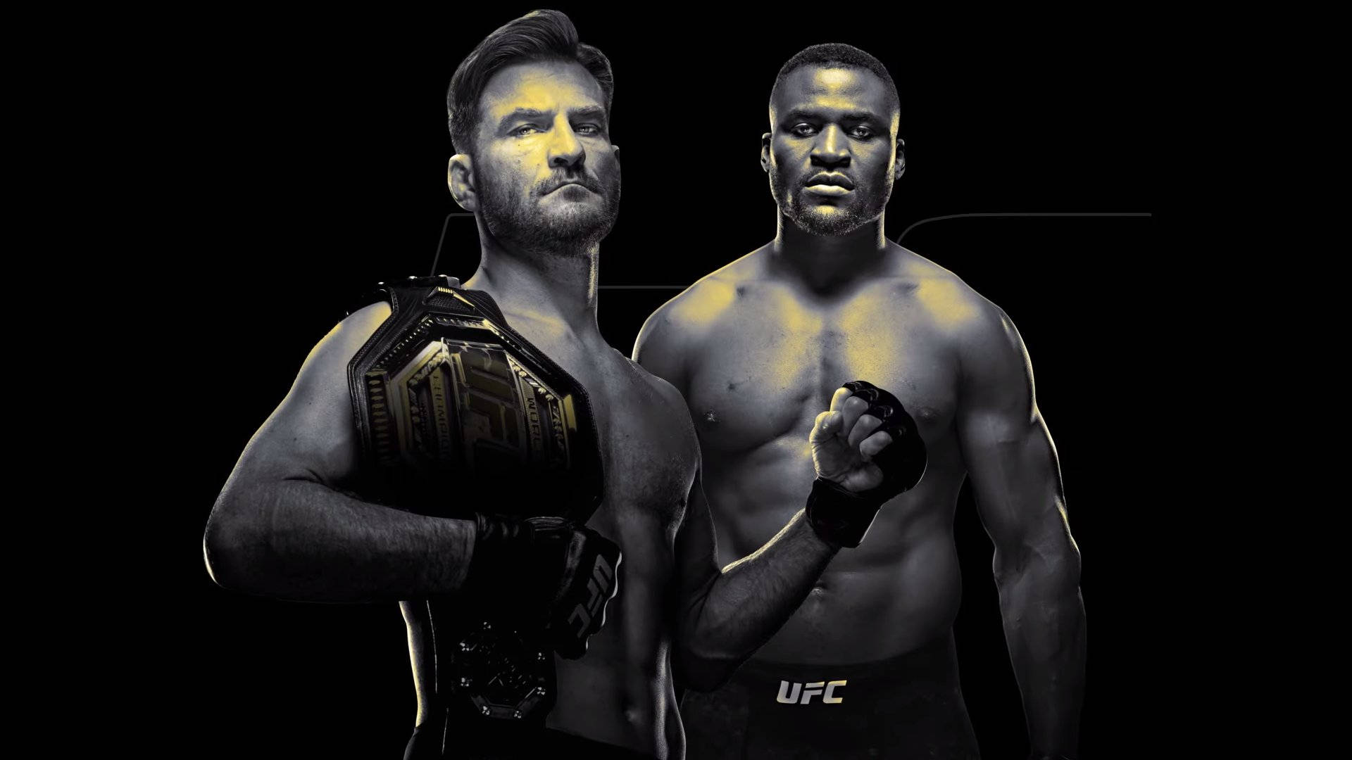 MMA 桌布 壁紙 — 兩位肌肉發達的UFC拳手站在黑色背景前，一位手持冠軍腰帶，另一位擺出戰鬥姿勢。