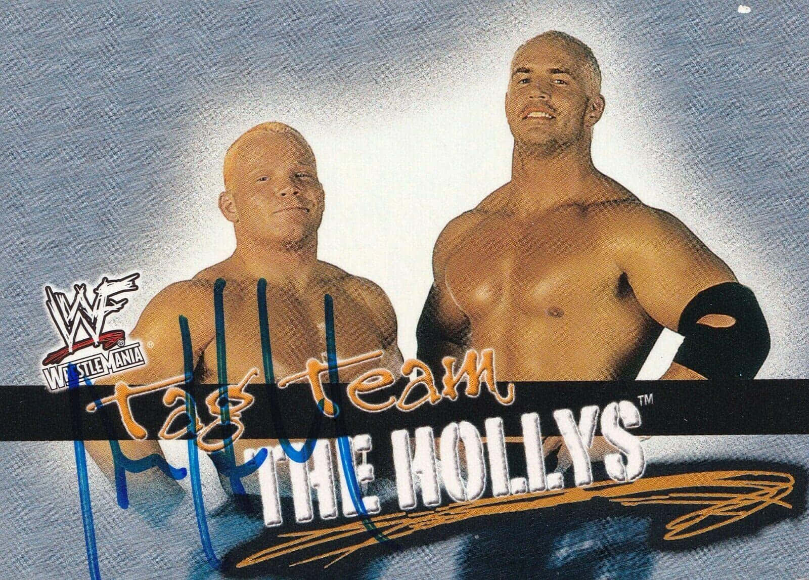 Team 桌布 壁紙 — 兩位肌肉發達的WWE摔角手在藍色漸層背景前自信擺姿勢，上面有『Tag Team The Hollys』文字和簽名。
