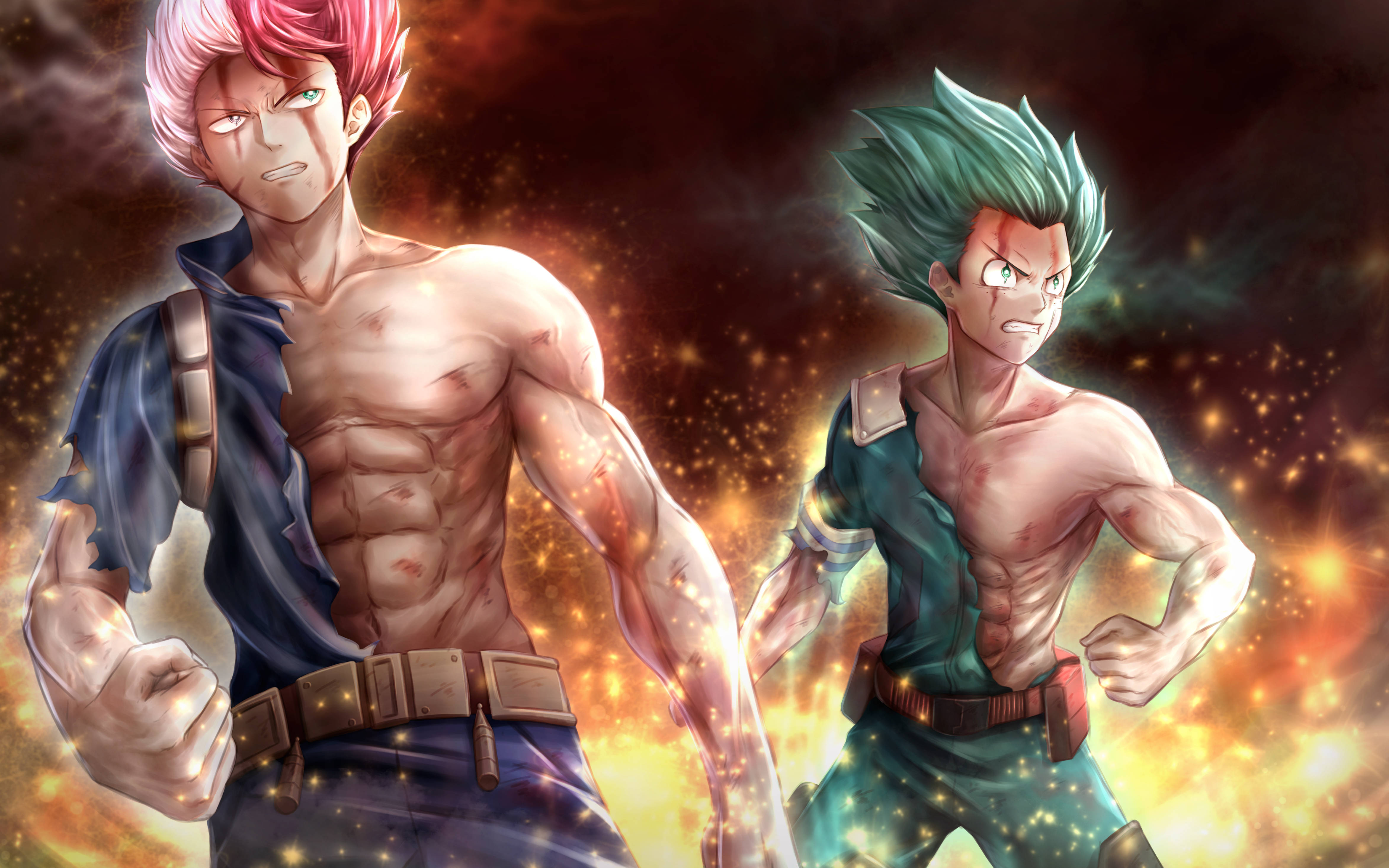 Todoroki Aesthetic 桌布 壁紙 — 兩位肌肉發達的動漫戰士，擁有粉紅色和綠色頭髮，挑釁地站在充滿發光粒子的熾熱宇宙背景前。