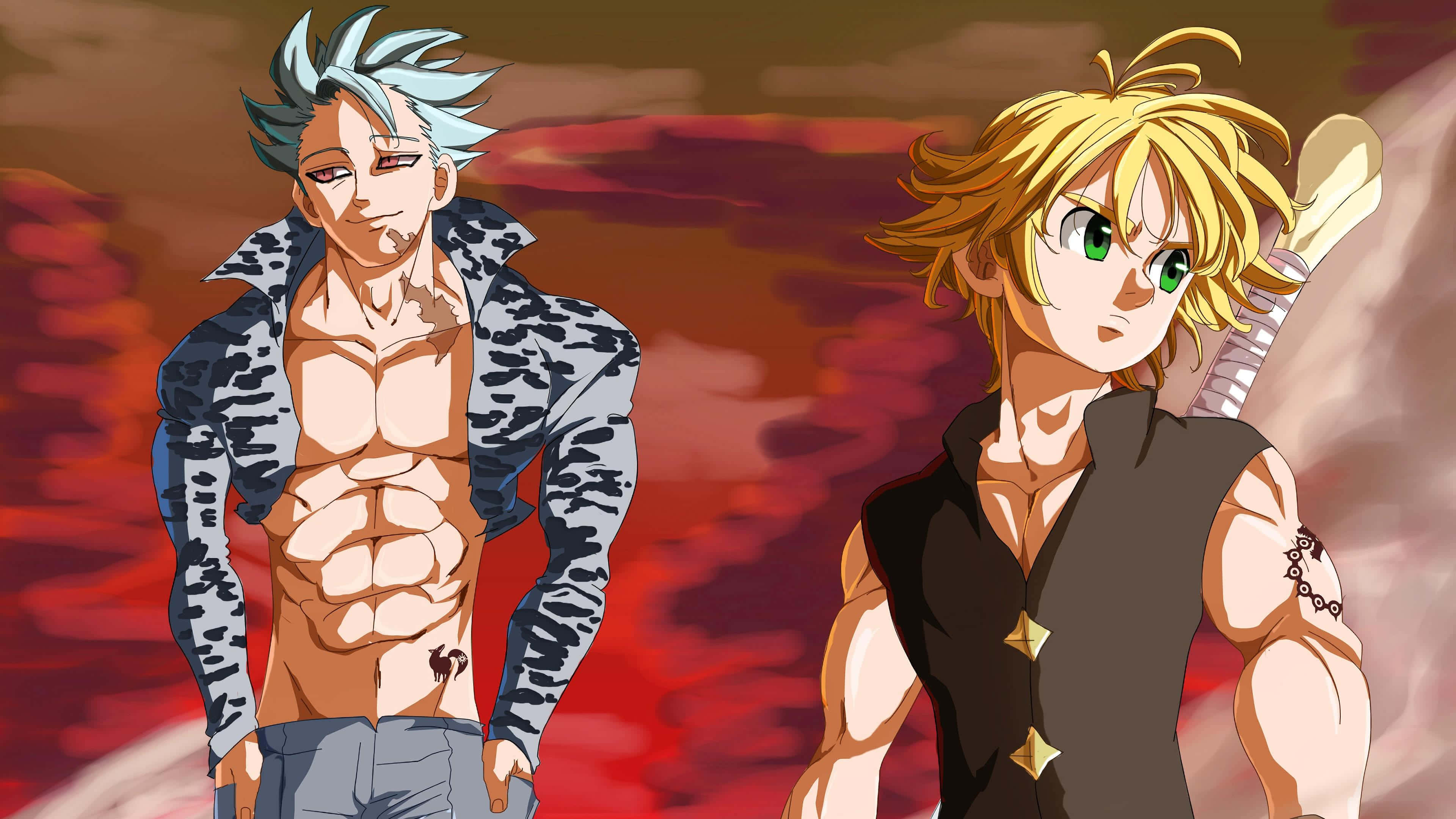 Seven Deadly Sins Ban 桌布 壁紙 — 兩位肌肉發達的動漫男性自信地站在火紅和橙色的天空下，帶有戲劇性的燈光。