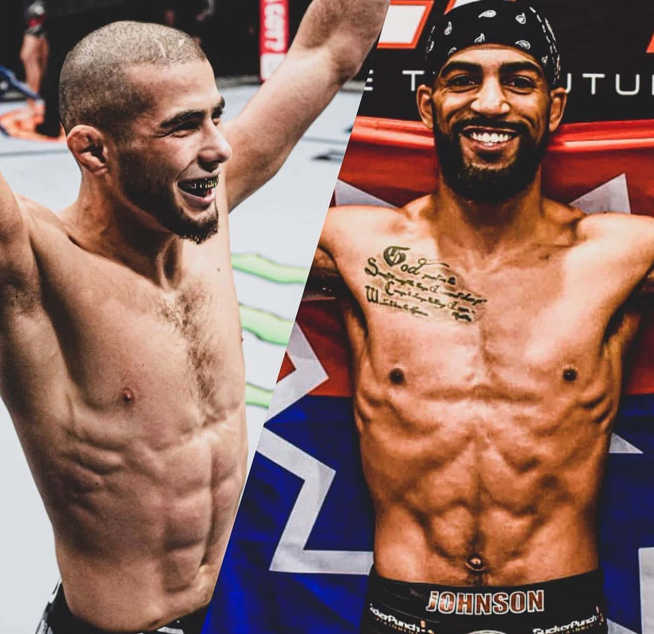 UFC 桌布 壁紙 — 兩位肌肉發達的拳手在分割畫面UFC八角籠時刻慶祝勝利，一人舉起雙臂，另一人露出胸前的刺青咧嘴而笑。