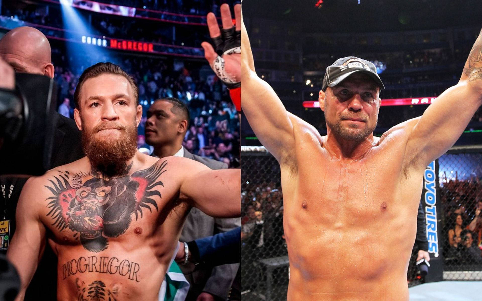 MMA 桌布 壁紙 — 兩位肌肉發達的拳手在燈光明亮的MMA八角籠中慶祝勝利，身後有歡呼的人群。