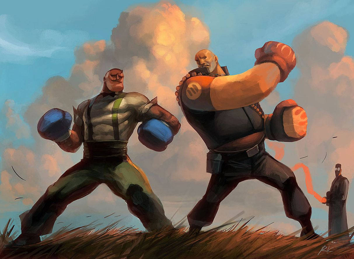 Tf2 桌布 壁紙 — 兩位肌肉發達的拳擊手在陰天戶外激烈對決，一位神秘人物在旁觀看。