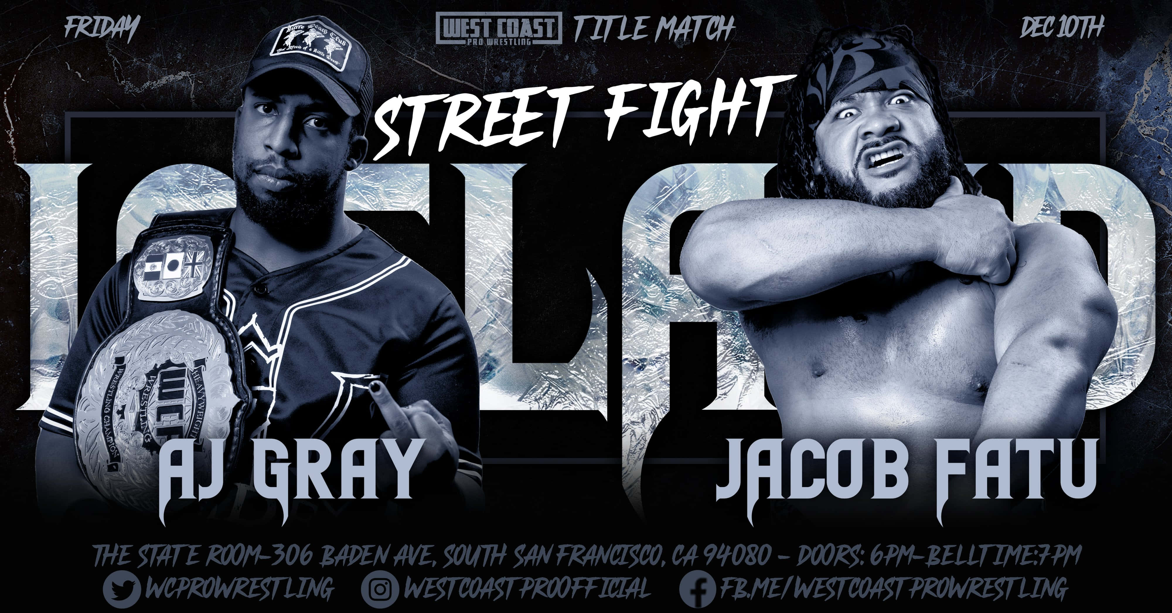 WWE 桌布 壁紙 — 兩位肌肉發達的摔角手 AJ Gray 和 Jacob Fatu 為一場西岸冠軍賽街頭格鬥活動的黑白宣傳海報擺出強烈的姿勢。