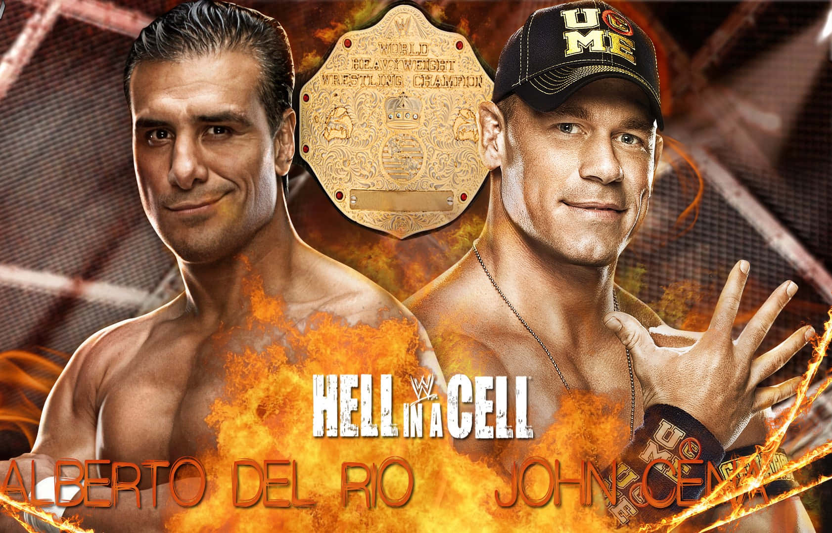 WWE 桌布 壁紙 — 兩位肌肉發達的摔角手 Alberto Del Rio 和 John Cena 在火熱的橙色和紅色背景前，伴隨 'Hell in a Cell' 文字，夾著一條冠軍腰帶。