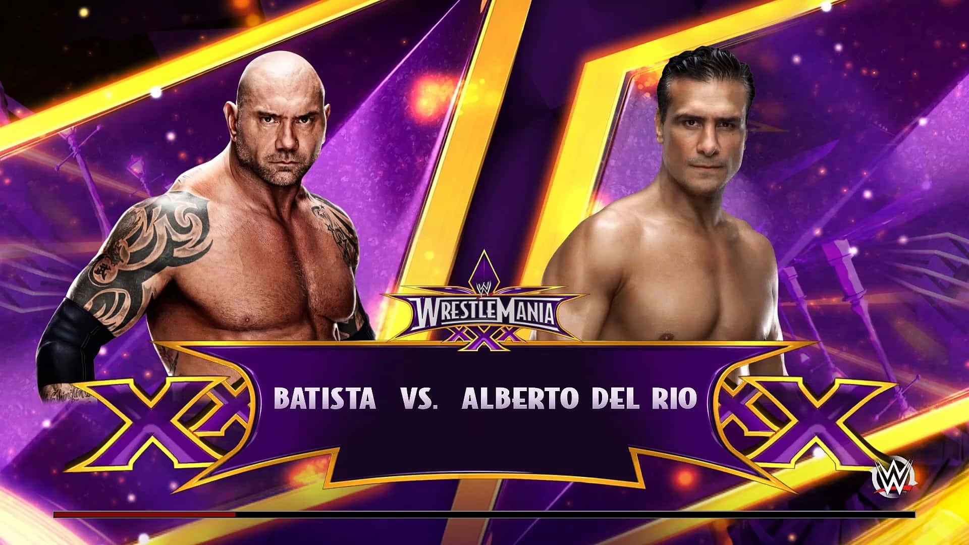 poster 桌布 壁紙 — 兩位肌肉發達的摔角手 Batista 和 Alberto Del Rio 在充滿活力的紫色和金色 WrestleMania XXVIII 背景下凝視著對方。