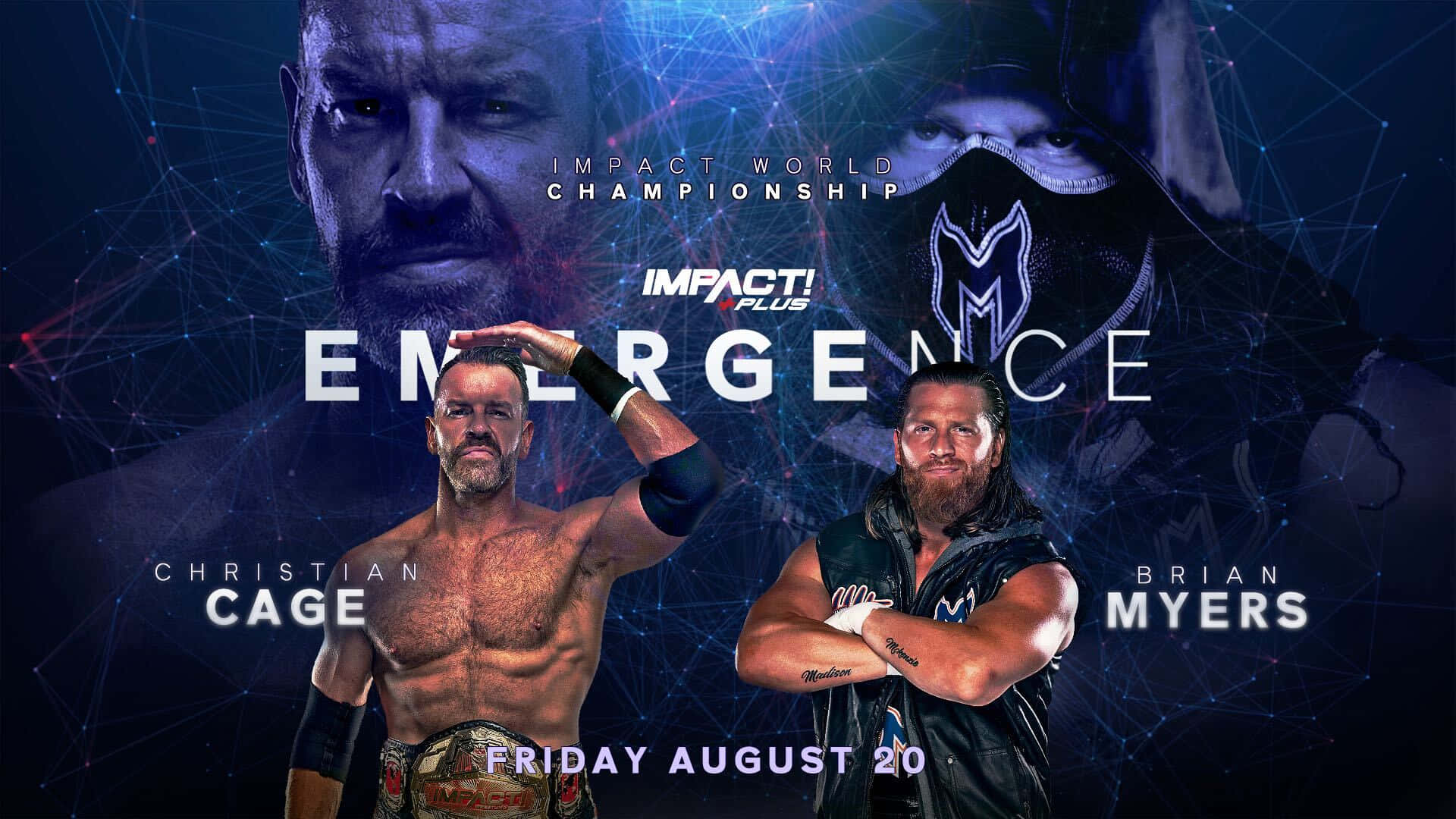 Best 桌布 壁紙 — 兩位肌肉發達的摔角手 Christian Cage 和 Brian Myers 在發光的藍色數位網路背景下為 Impact Plus 活動擺出強烈的姿勢。