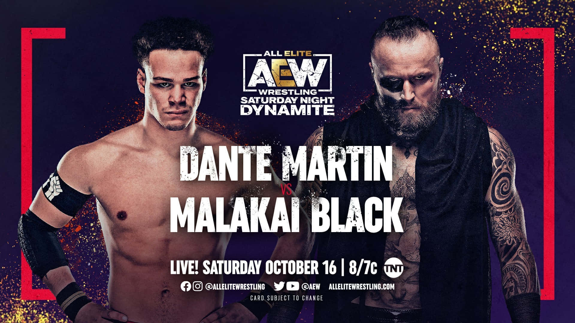 Aew 桌布 壁紙 — 兩位肌肉發達的摔角手 Dante Martin 和 Malakai Black 在深紫色背景、紅色邊框和閃爍金色顆粒的襯托下，凝視著對方。