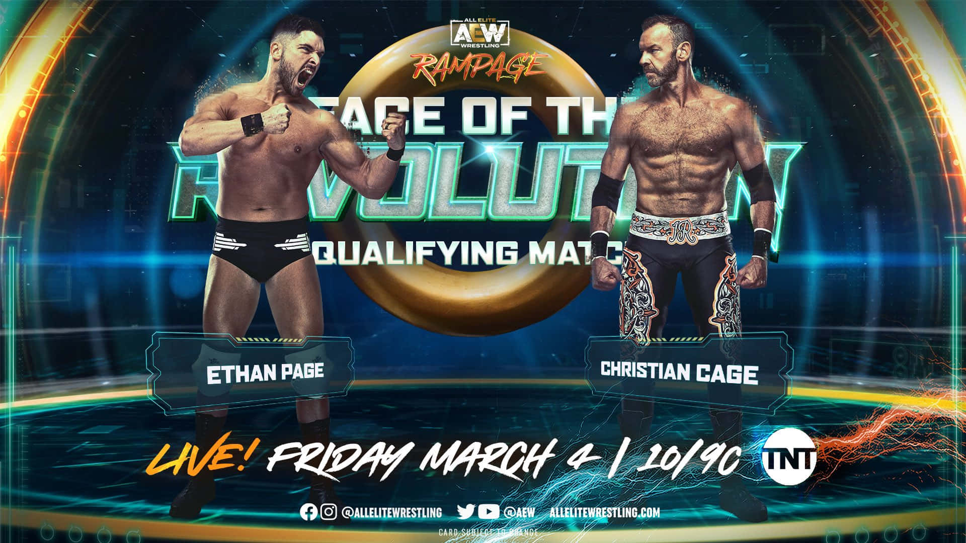 高清 桌布 壁紙 — 兩位肌肉發達的摔角手 Ethan Page 和 Christian Cage 在未來風格的擂台上，在閃爍的霓虹燈光下對峙，為 AEW Rampage 賽事做準備。