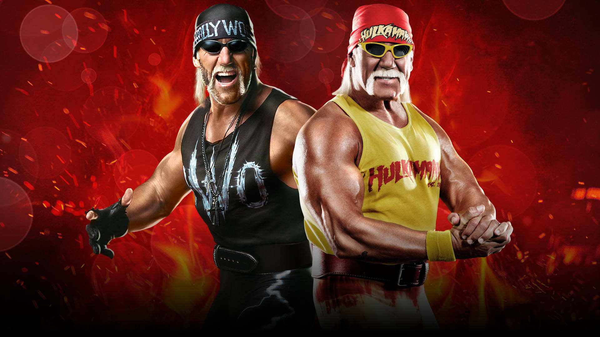 Hulk Hogan 桌布 壁紙 — 兩位肌肉發達的摔角手 Hulk Hogan 和 Randy Savage 在火花四濺的熾熱紅色背景前動態擺姿勢。