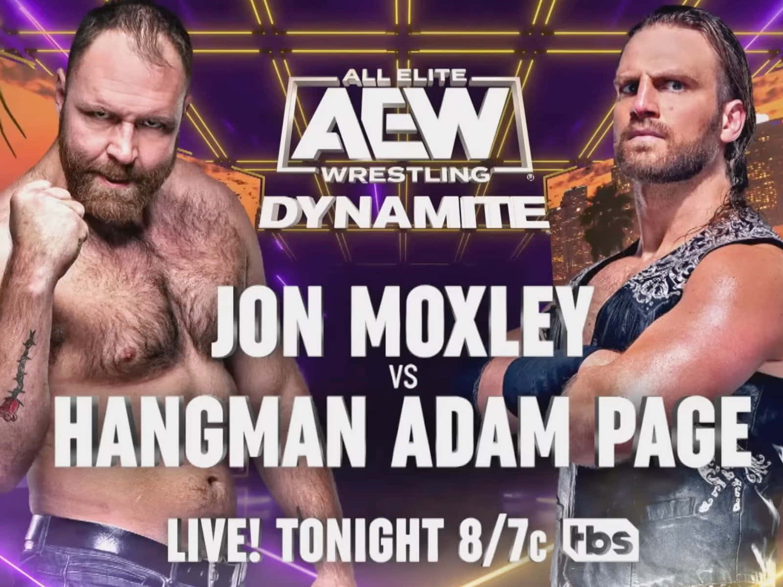 Aew 桌布 壁紙 — 兩位肌肉發達的摔角手 Jon Moxley 和 Hangman Adam Page 在霓虹燈和城市景觀背景下的戲劇性 AEW Dynamite 宣傳片中互相凝視。