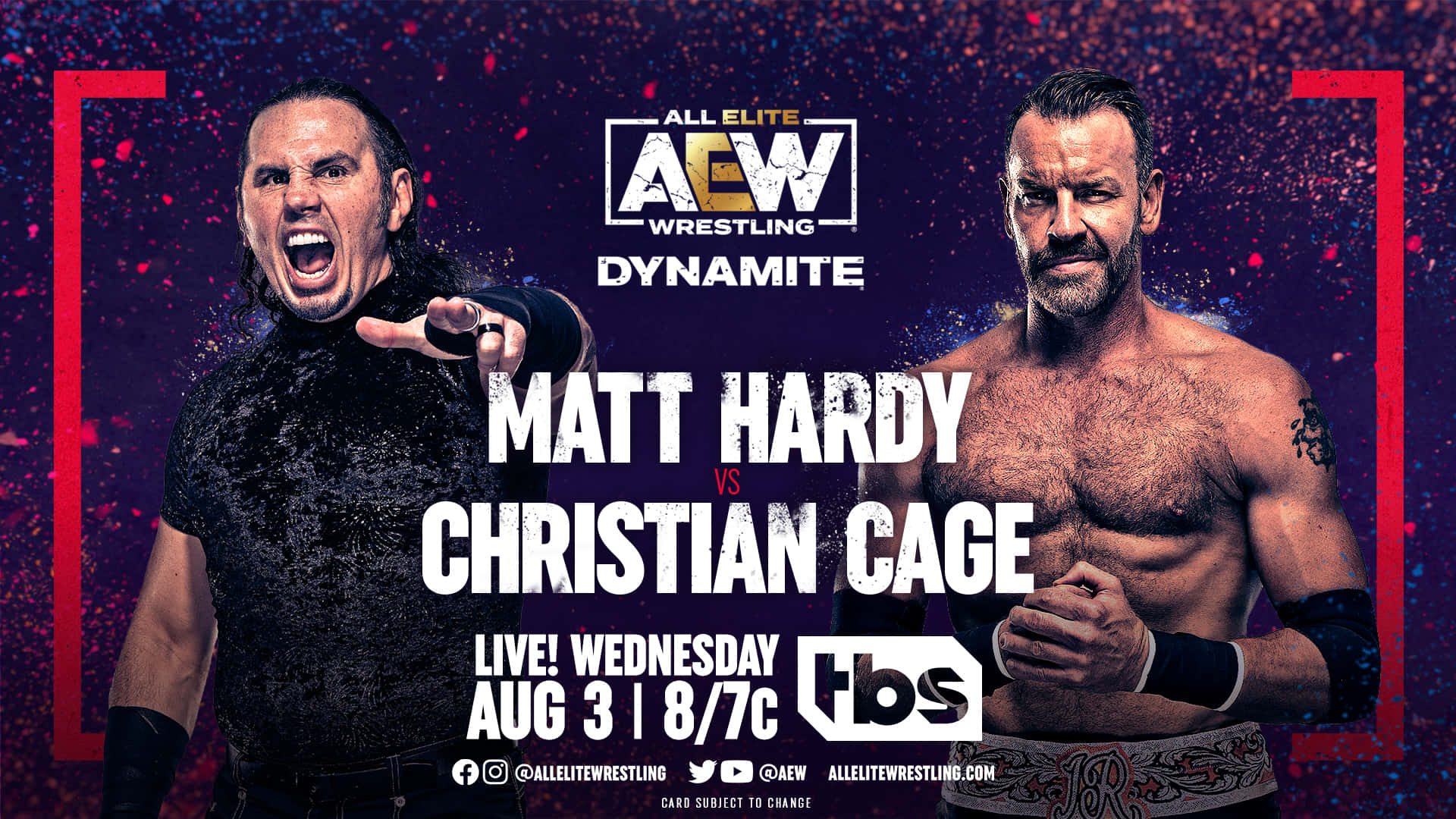 高清 桌布 壁紙 — 兩位肌肉發達的摔角手 Matt Hardy 和 Christian Cage 在戲劇性的 AEW Dynamite 宣傳片中對峙，背景為大膽的紅色邊框和紫色潑濺背景。