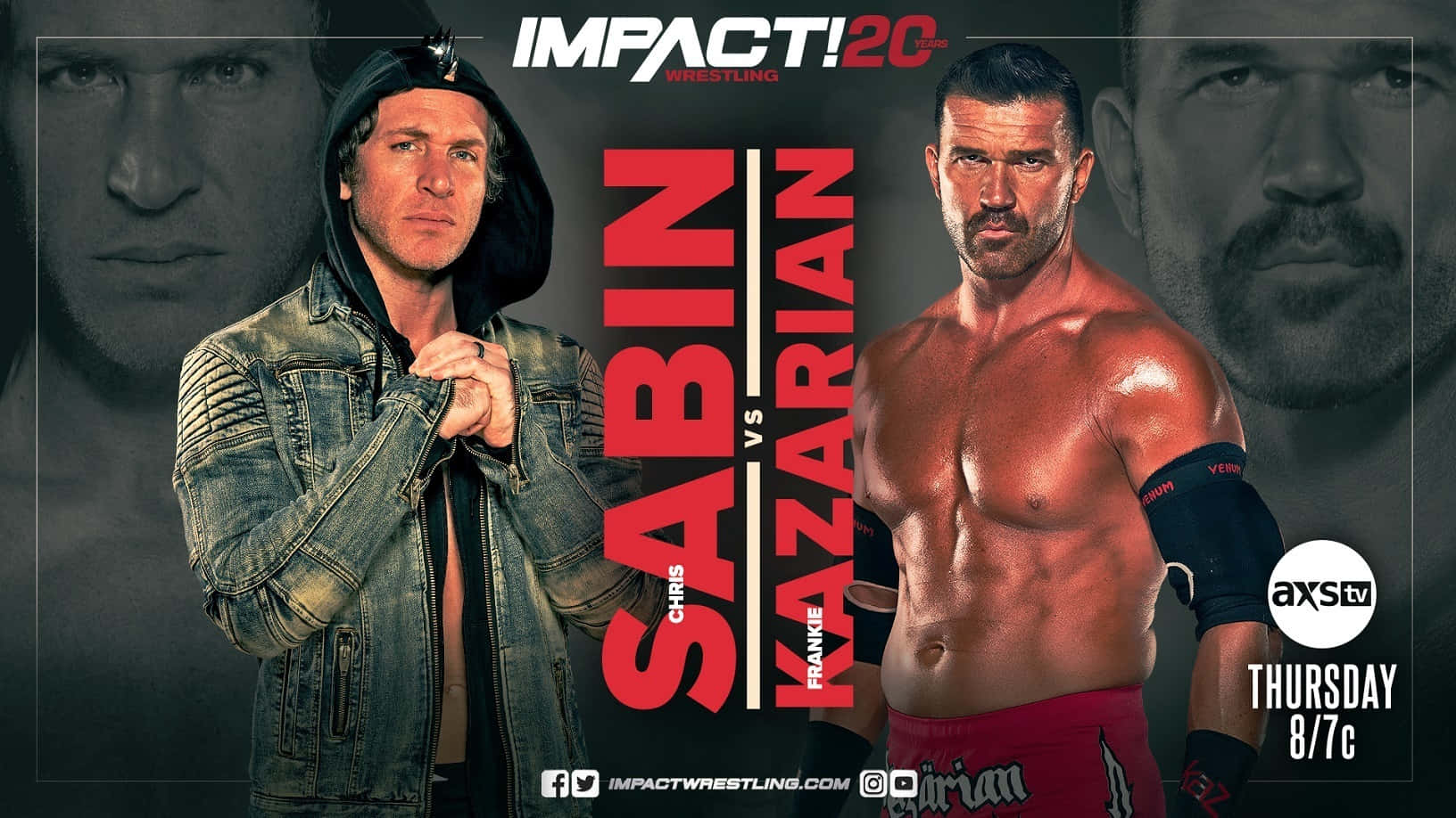 摔角 桌布 壁紙 — 兩位肌肉發達的摔角手在 Impact Wrestling 的宣傳海報中對峙，背景為深色，配有粗體紅色文字。