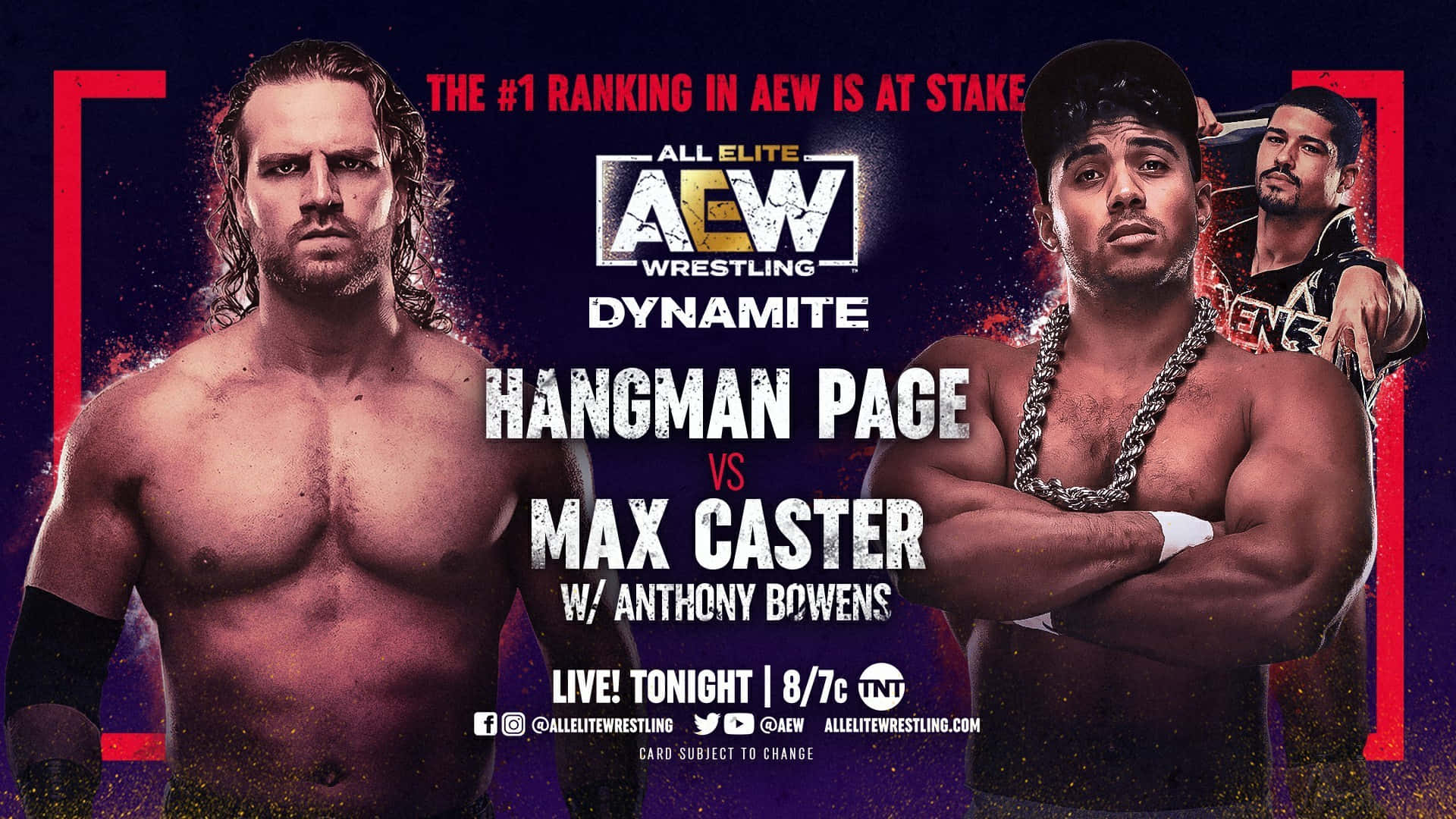 Aew 桌布 壁紙 — 兩位肌肉發達的摔角手在AEW Dynamite宣傳海報中激烈對視，海報 featuring Hangman Page 對戰 Max Caster 與 Anthony Bowens。