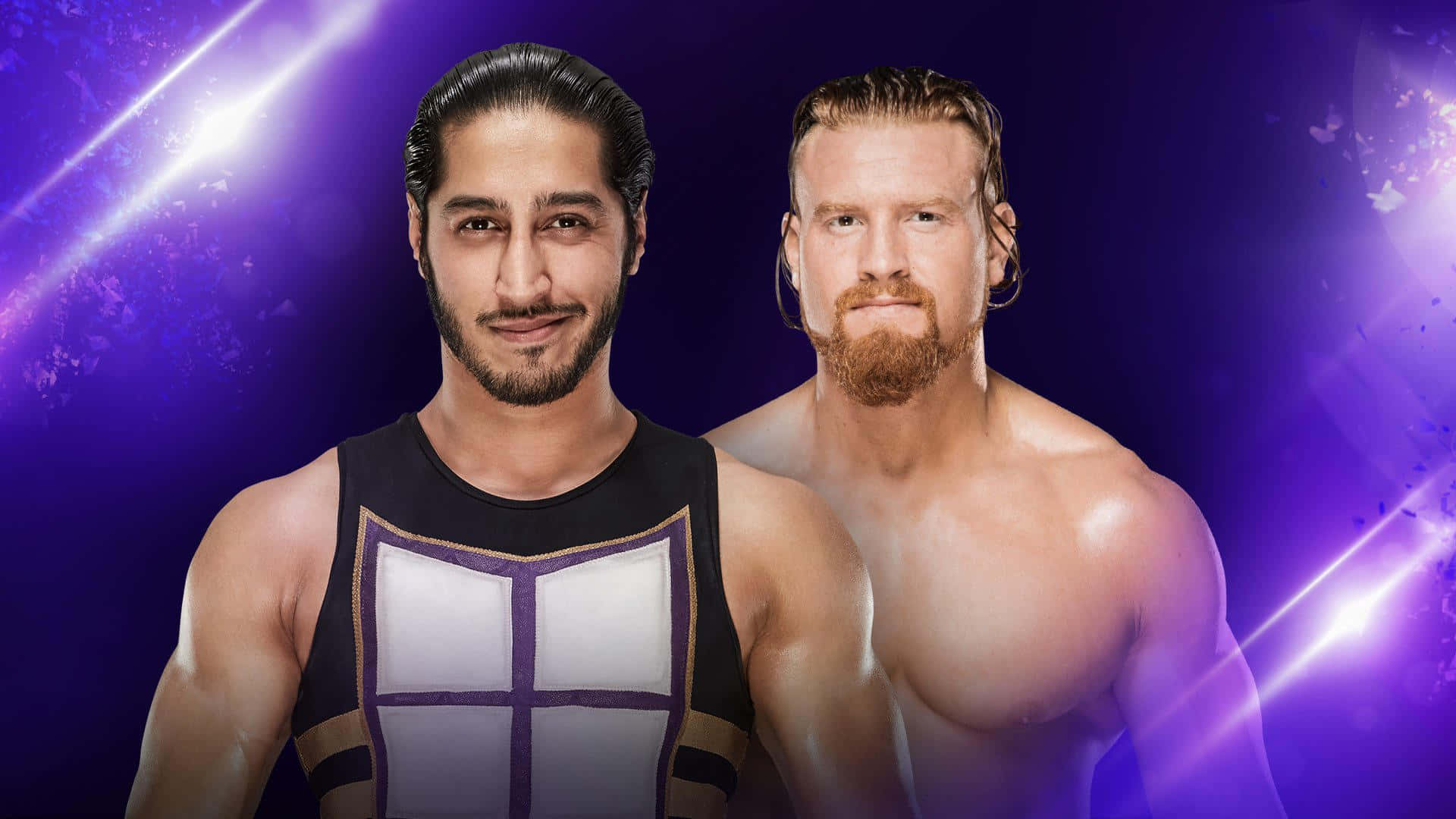 WWE 桌布 壁紙 — 兩位肌肉發達的摔角手在帶有發光光條的鮮豔紫色背景前自信地擺姿勢。