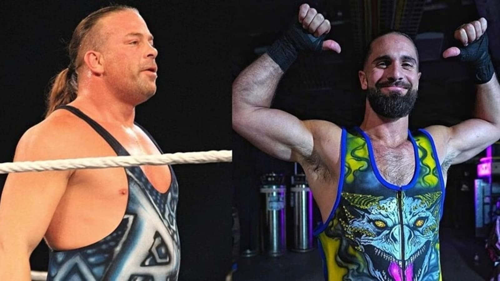 WWE 桌布 壁紙 — 兩位肌肉發達的摔角手在擂台上自信地擺姿勢，一位彎曲手臂，另一位在明亮的場館燈光下神情專注。