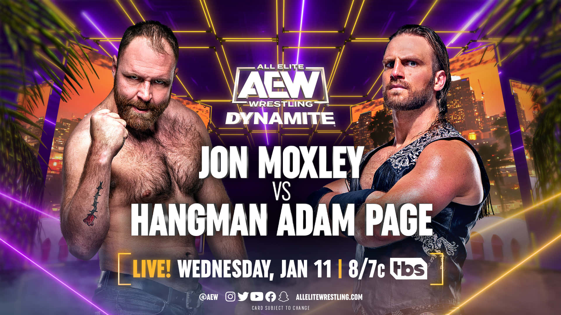 Aew 桌布 壁紙 — 兩位肌肉發達的摔角手在霓虹燈照亮的競技場中對峙，背景是城市天際線，為AEW Dynamite而戰。