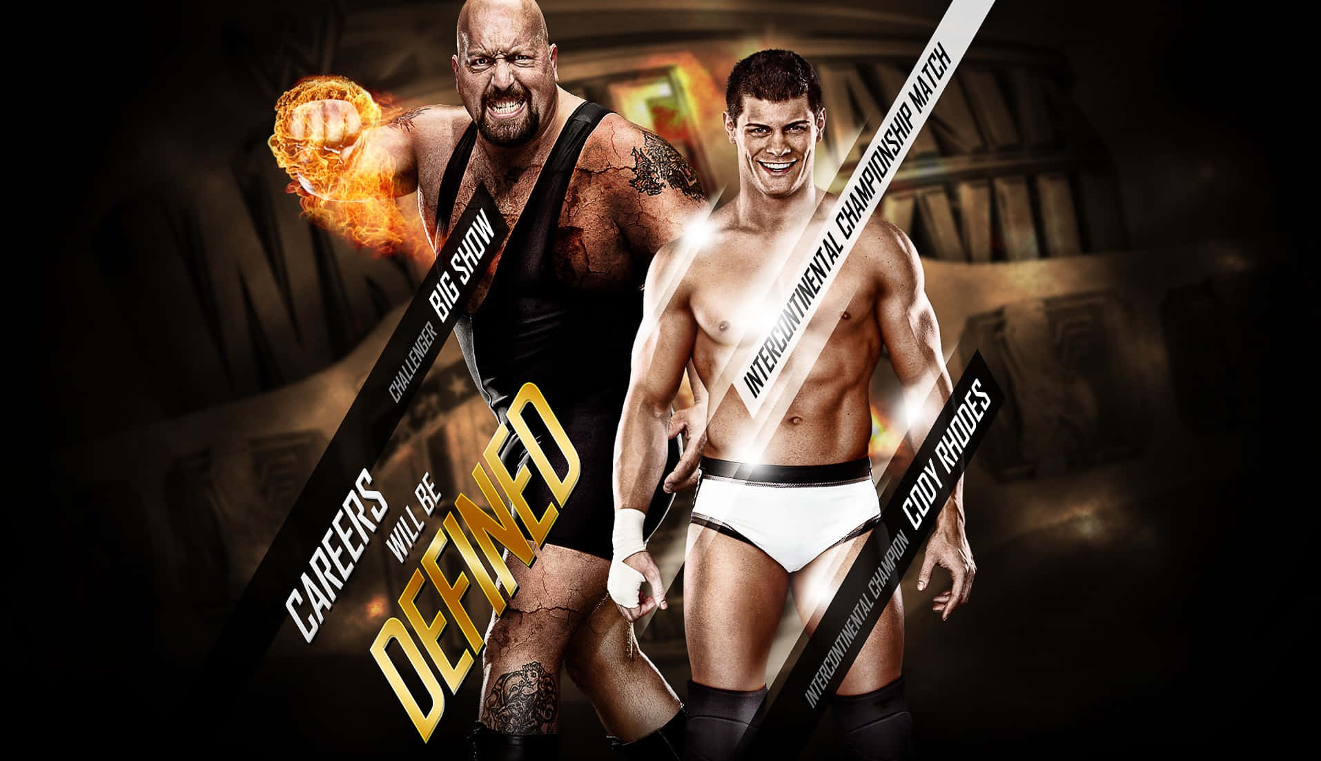 WWE 桌布 壁紙 — 兩位肌肉發達的摔角手在黑暗的競技場聚光燈下，以火焰拳頭和冠軍旗幟戲劇性地對峙。