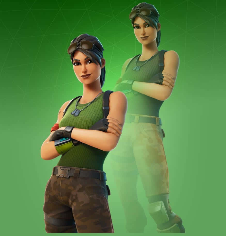 Ramirez Fortnite 桌布 壁紙 — 兩位自信的女性Fortnite角色穿著綠色戰術裝備，交叉雙臂站在發光綠色幾何背景前。