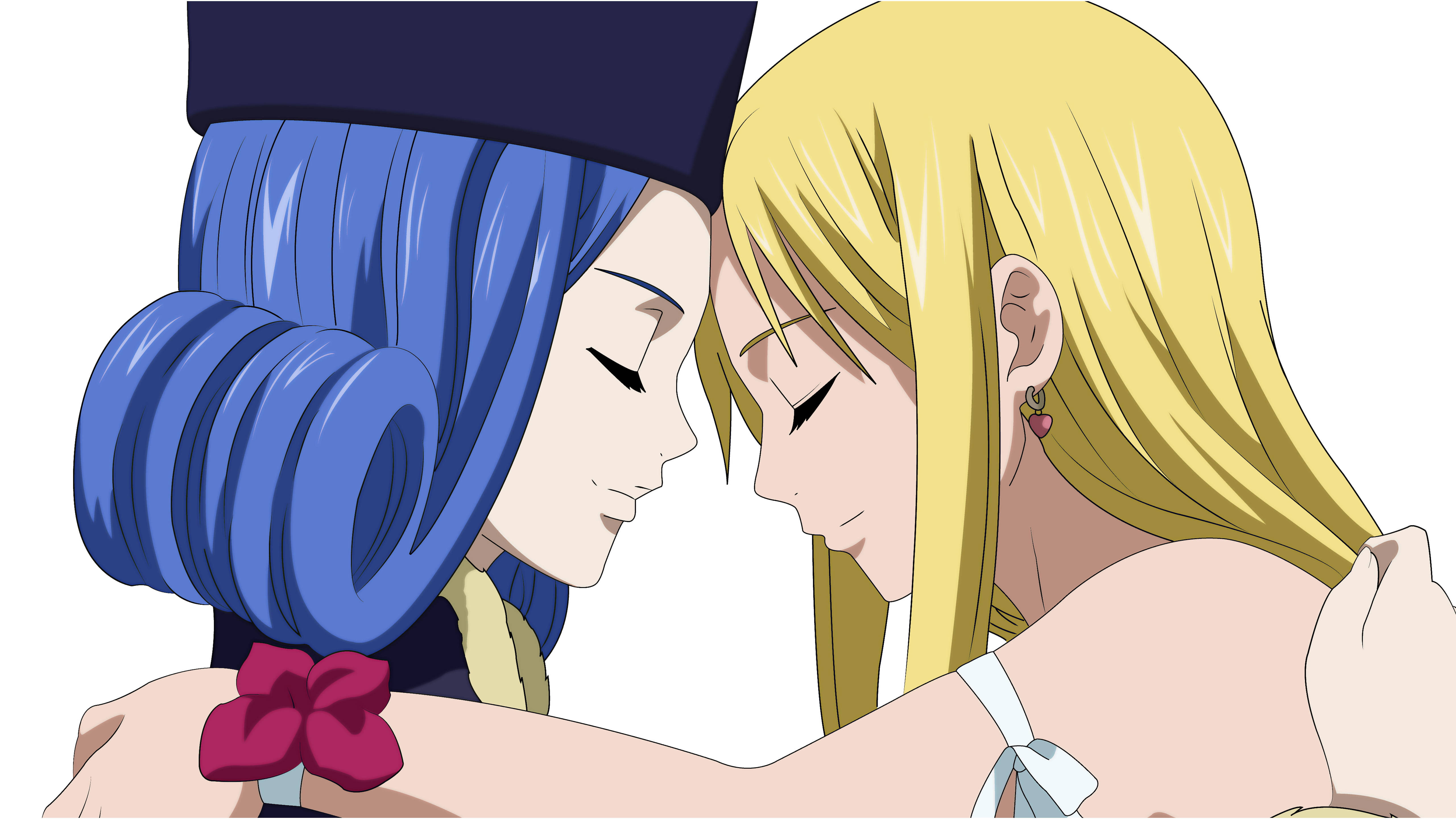 Fairy Tail Characters 桌布 壁紙 — 兩位藍色和金色頭髮的動漫女孩在純白背景前溫柔地額頭相觸，展現溫馨時刻。