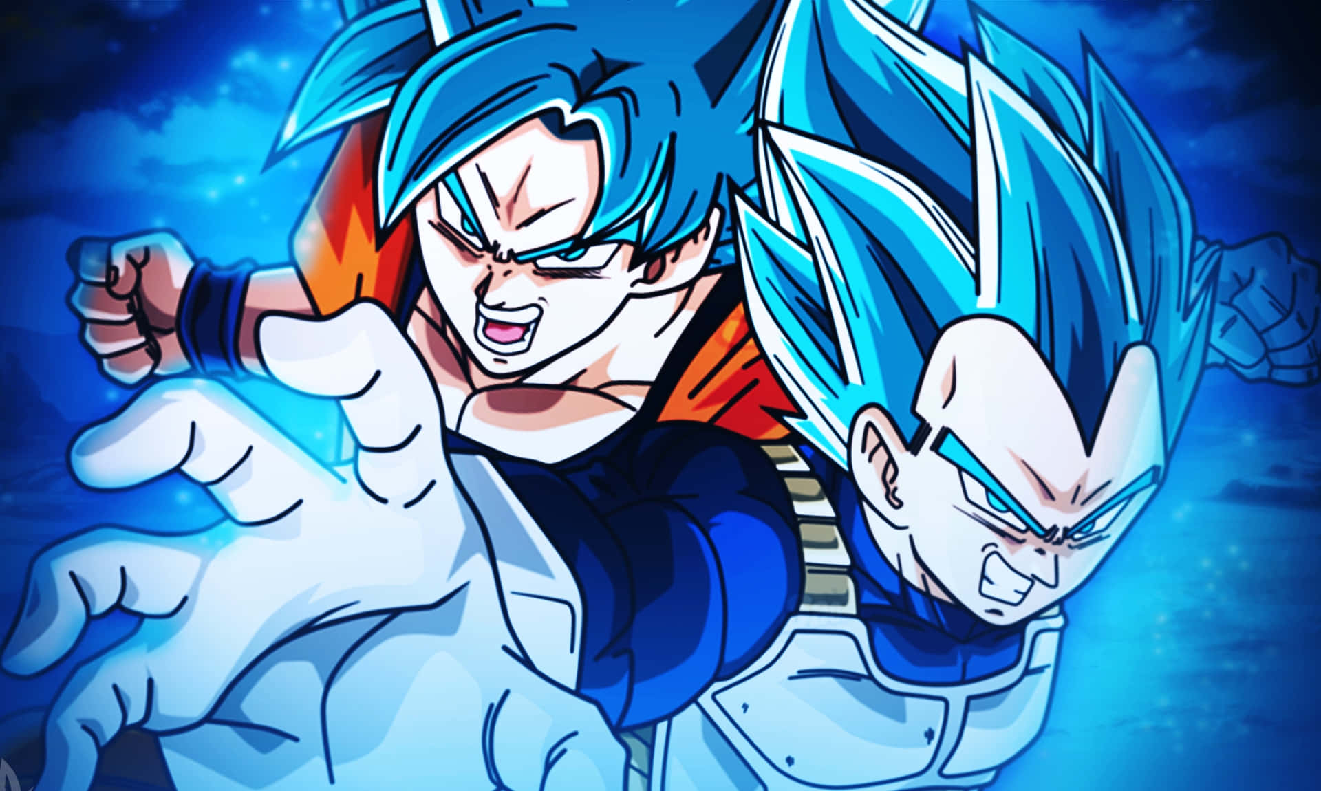 Vegeta Art 桌布 壁紙 — 兩位藍髮動漫戰士以超級賽亞人藍形態，在宇宙藍色背景前以發光拳頭交鋒。