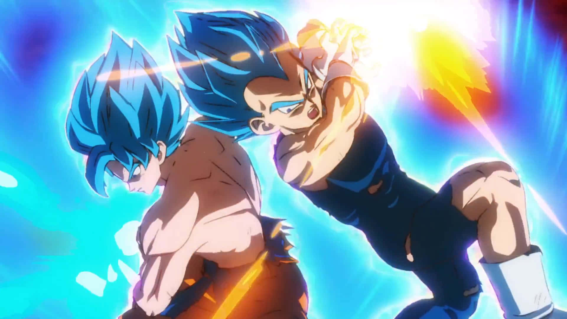 Vegeta Galick Gun 桌布 壁紙 — 兩位藍髮動漫戰士在金色和藍色能量的爆發中碰撞，背景是光芒四射的宇宙。