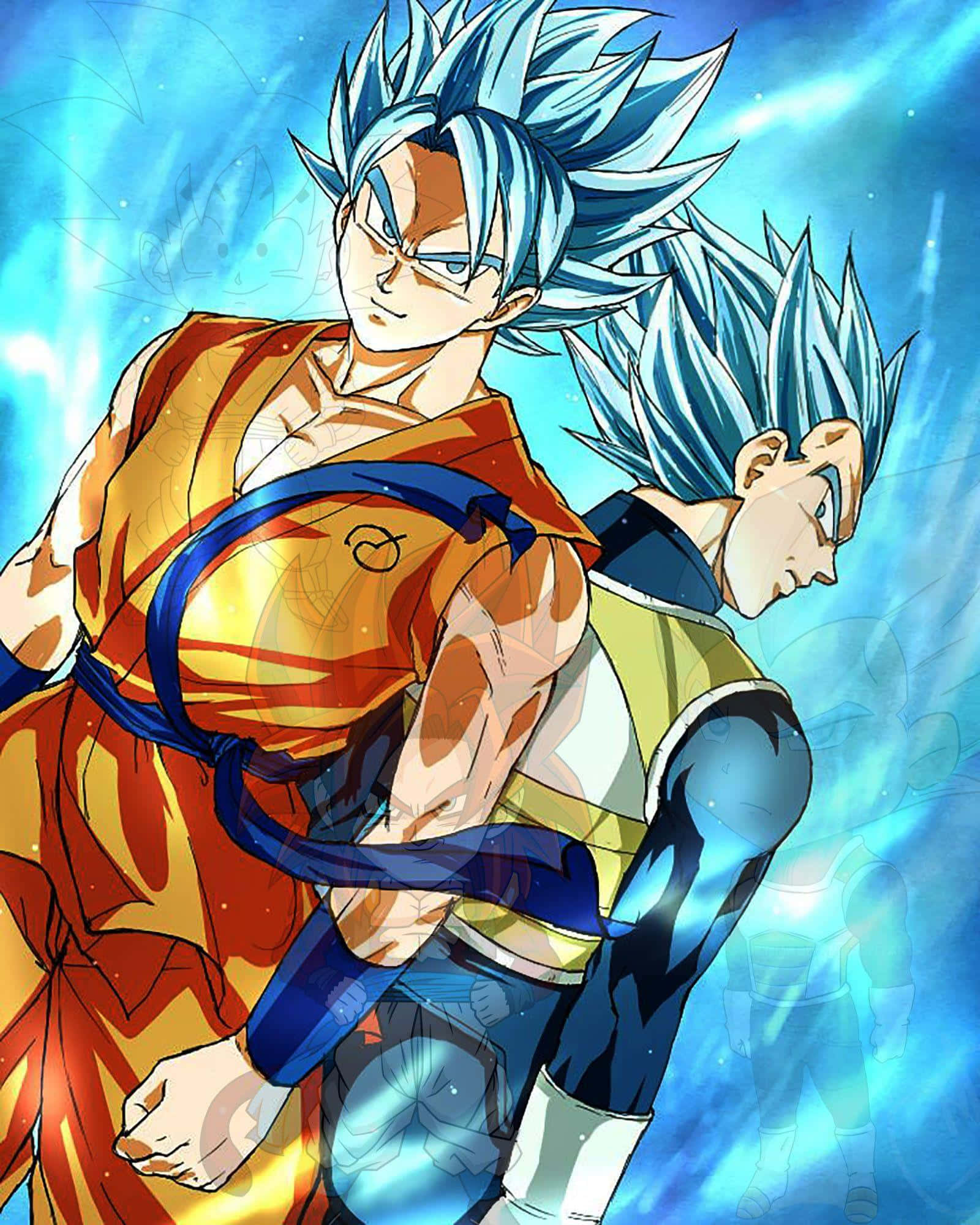 Goku And Vegeta 桌布 壁紙 — 兩位藍髮動漫戰士身穿發光的橙色和藍色戰鬥服，站在耀眼的藍色能量背景前。