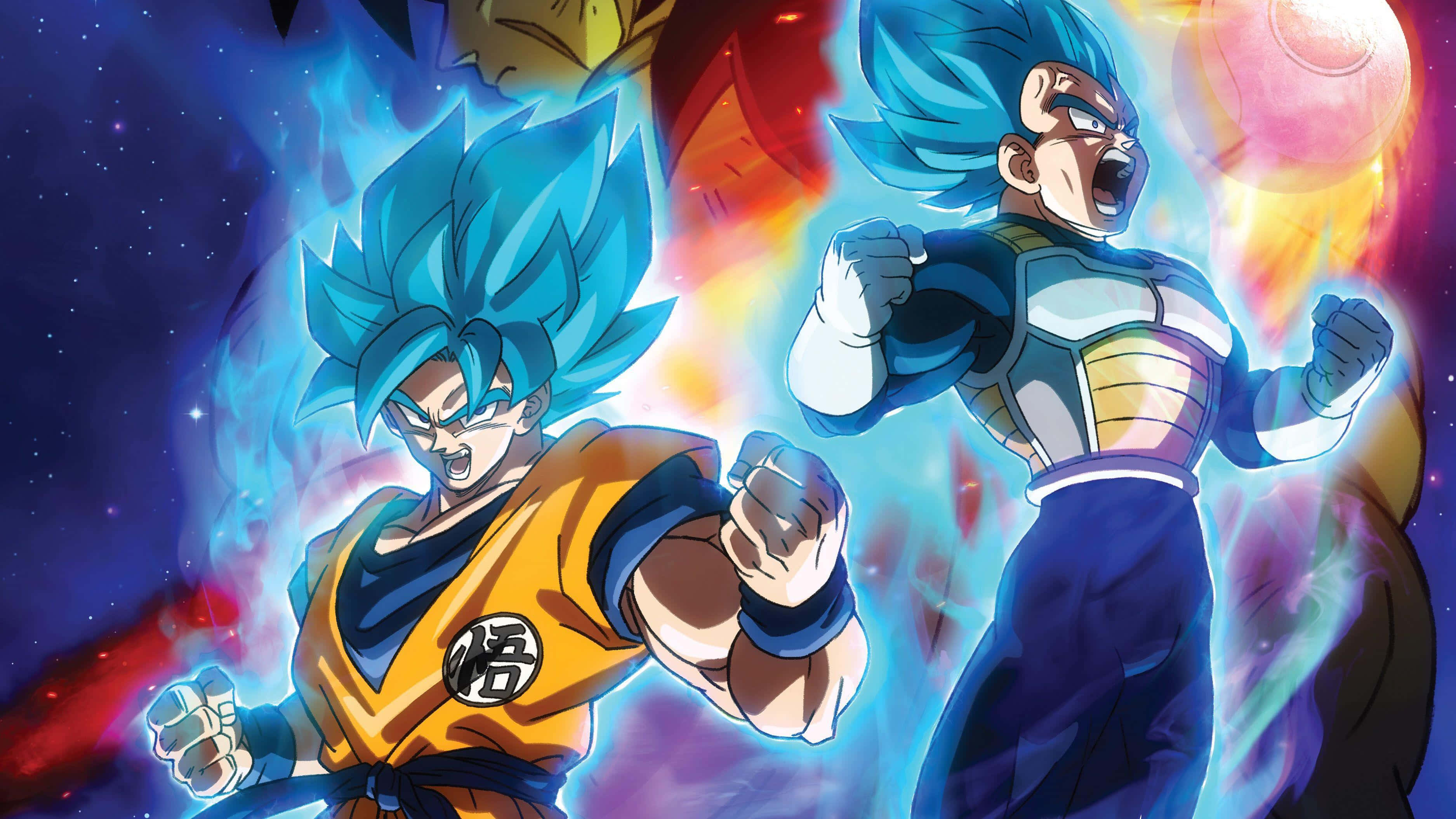 Cool Dragon Ball 桌布 壁紙 — 兩位藍髮賽亞人戰士在星空和能量爆發的宇宙背景下咆哮，展現力量。