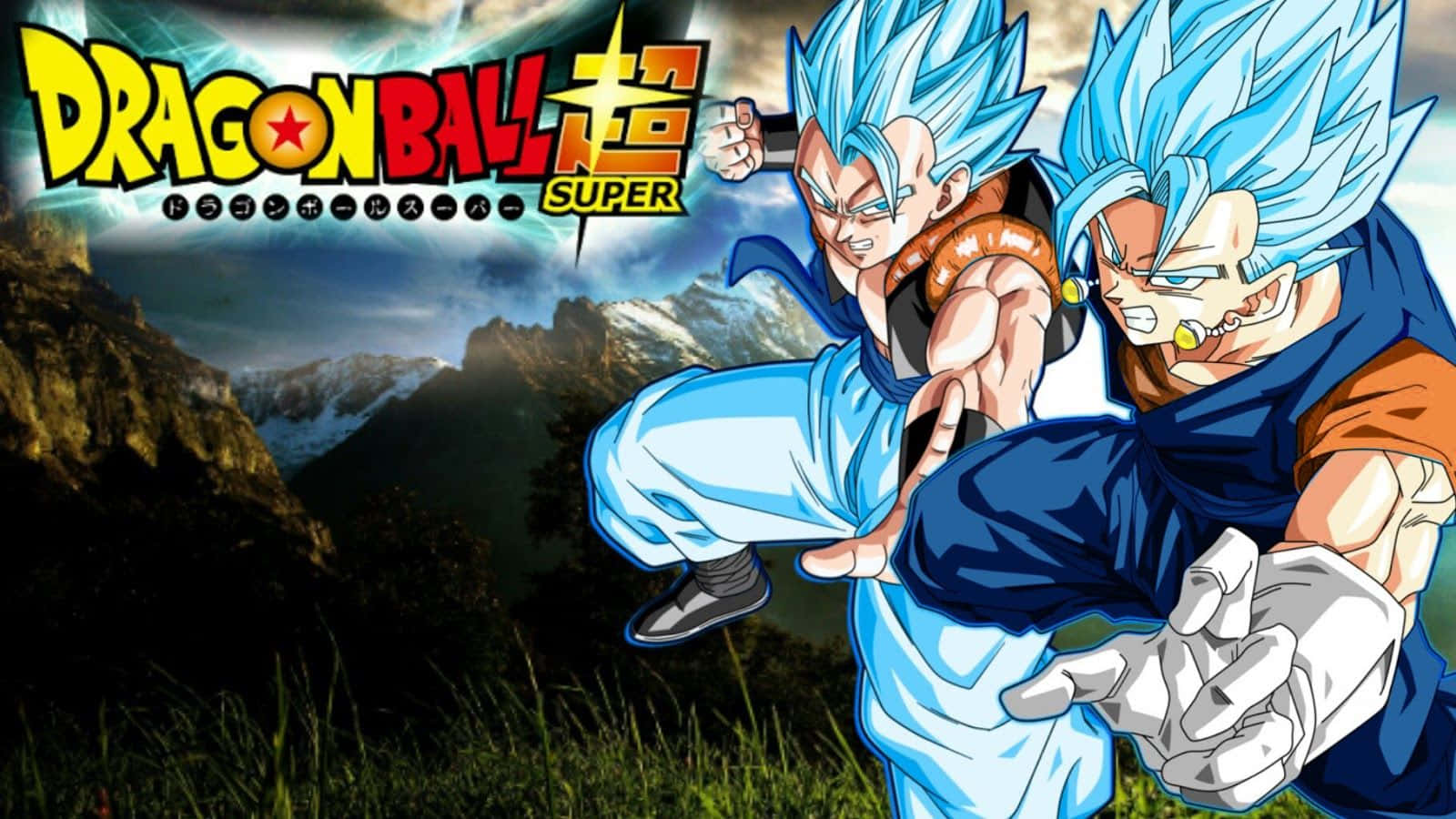Gogeta And Vegito 桌布 壁紙 — 兩位藍髮超級賽亞人神在暴風雨天空下的山脈背景中動態戰鬥。
