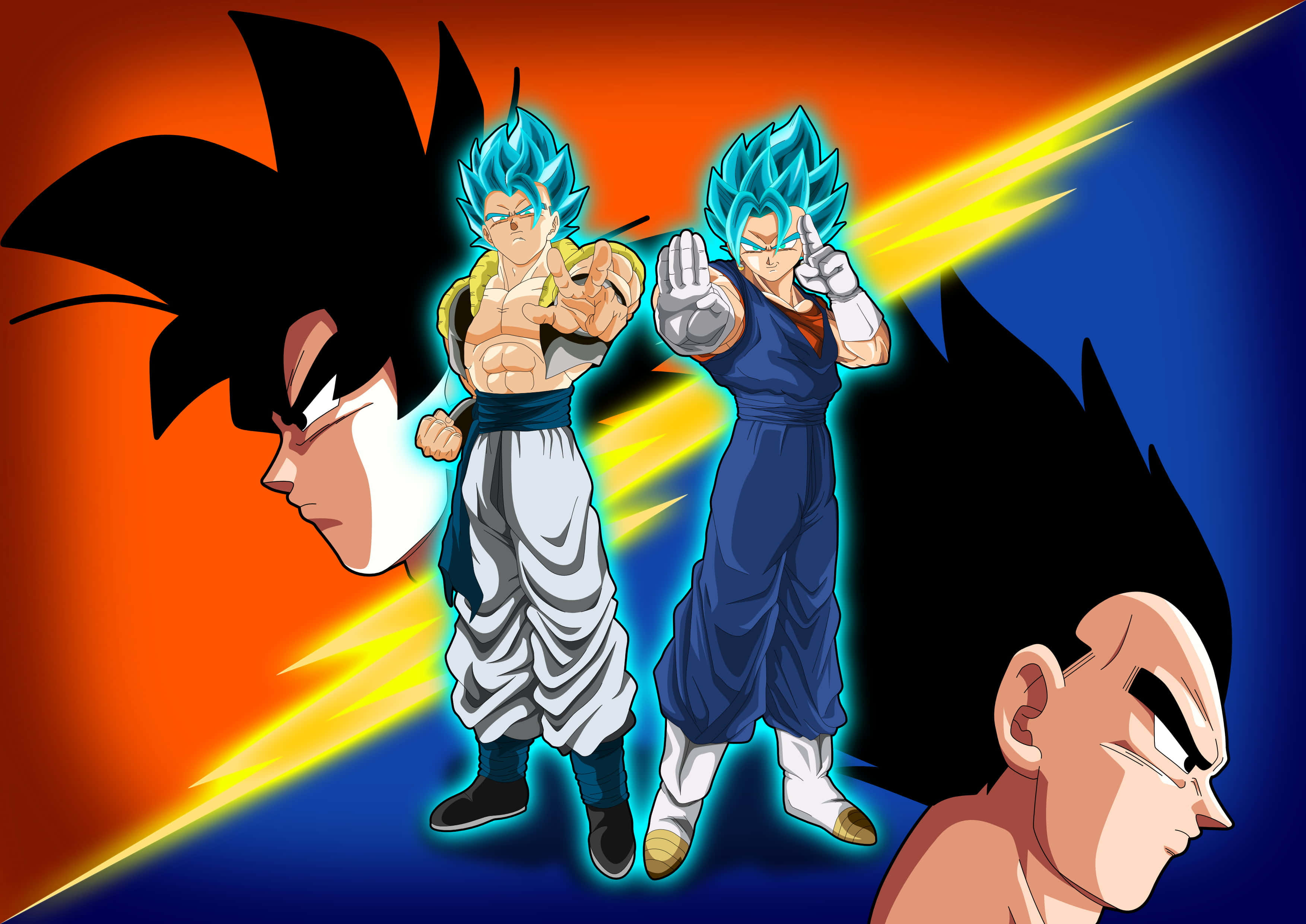 Gogeta And Vegito 桌布 壁紙 — 兩位藍髮超級賽亞人神靈準備就緒，閃電在他們身後劃過，兩側是強烈的側面剪影，背景是火橙色和深藍色的漸變。