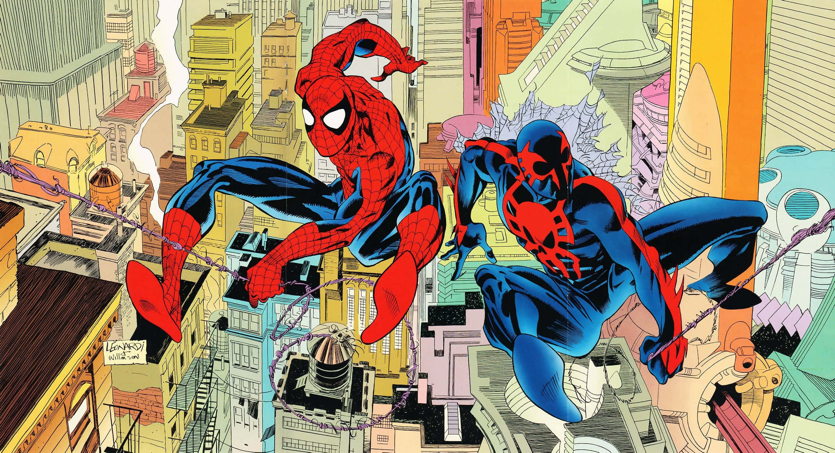 Spider Man 2099 桌布 壁紙 — 兩位蜘蛛人英雄在充滿風格化建築物的色彩繽紛卡通城市景觀中動態擺盪。