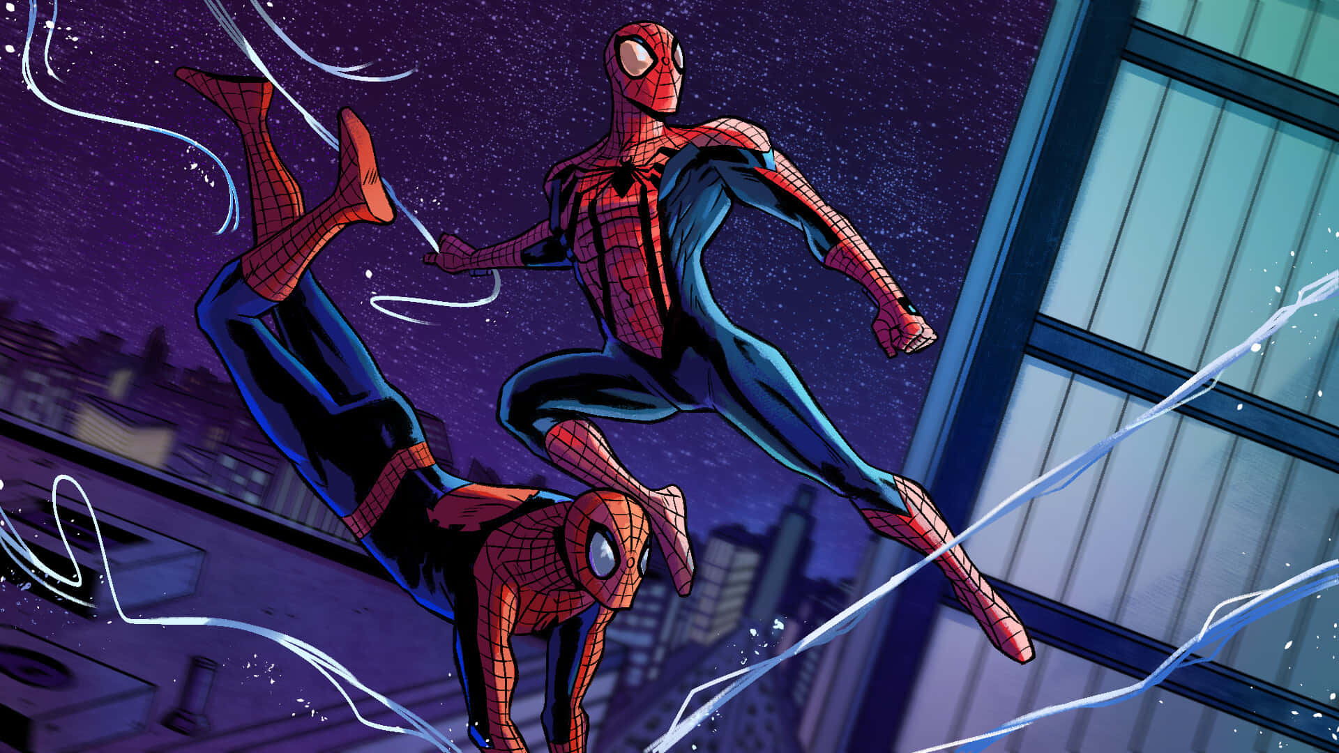 Spider-man Web Slinging 桌布 壁紙 — 兩位蜘蛛人英雄在星光燦爛的夜晚城市景觀中，利用蛛絲線在發光的摩天大樓間擺盪。