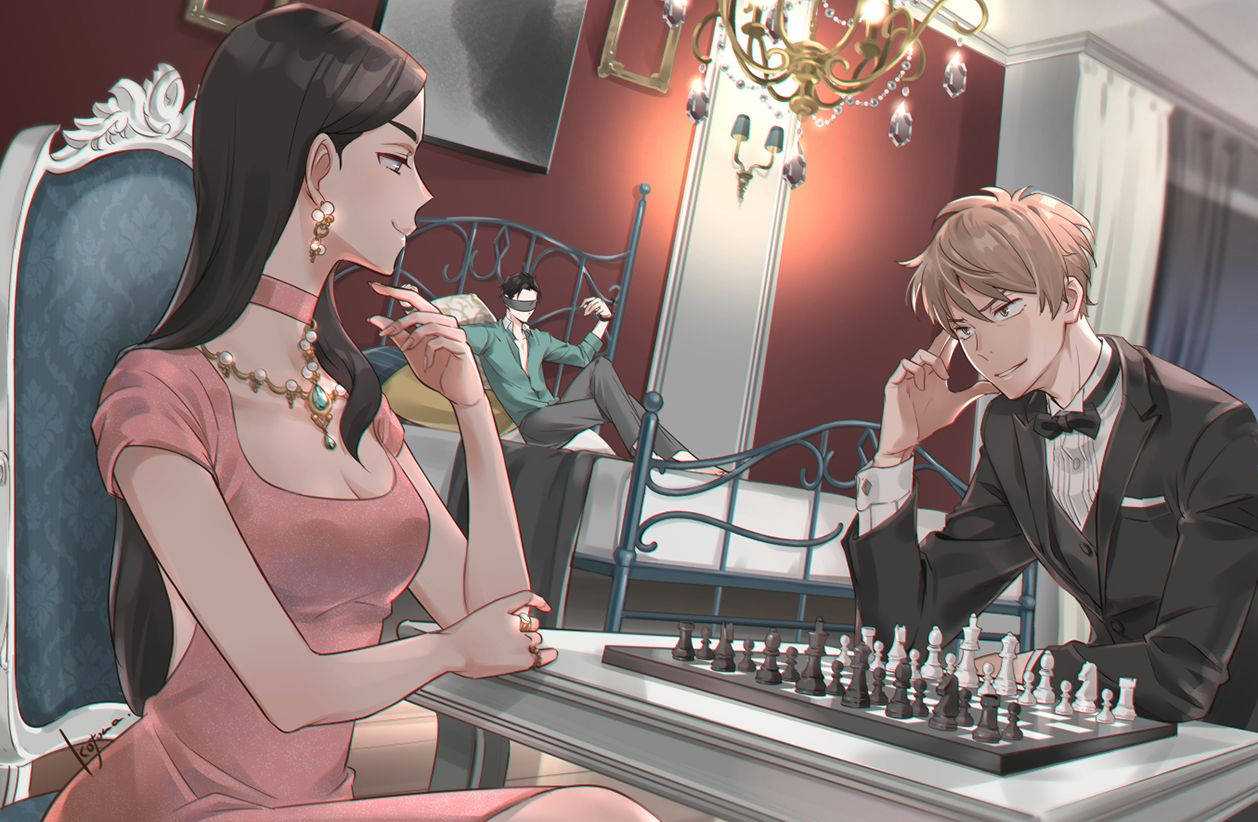 the millionaire detective 桌布 壁紙 — 兩位衣著優雅的動漫角色在裝飾華麗的房間裡激烈地下棋，背景中有一位第三者在悠閒地休息。